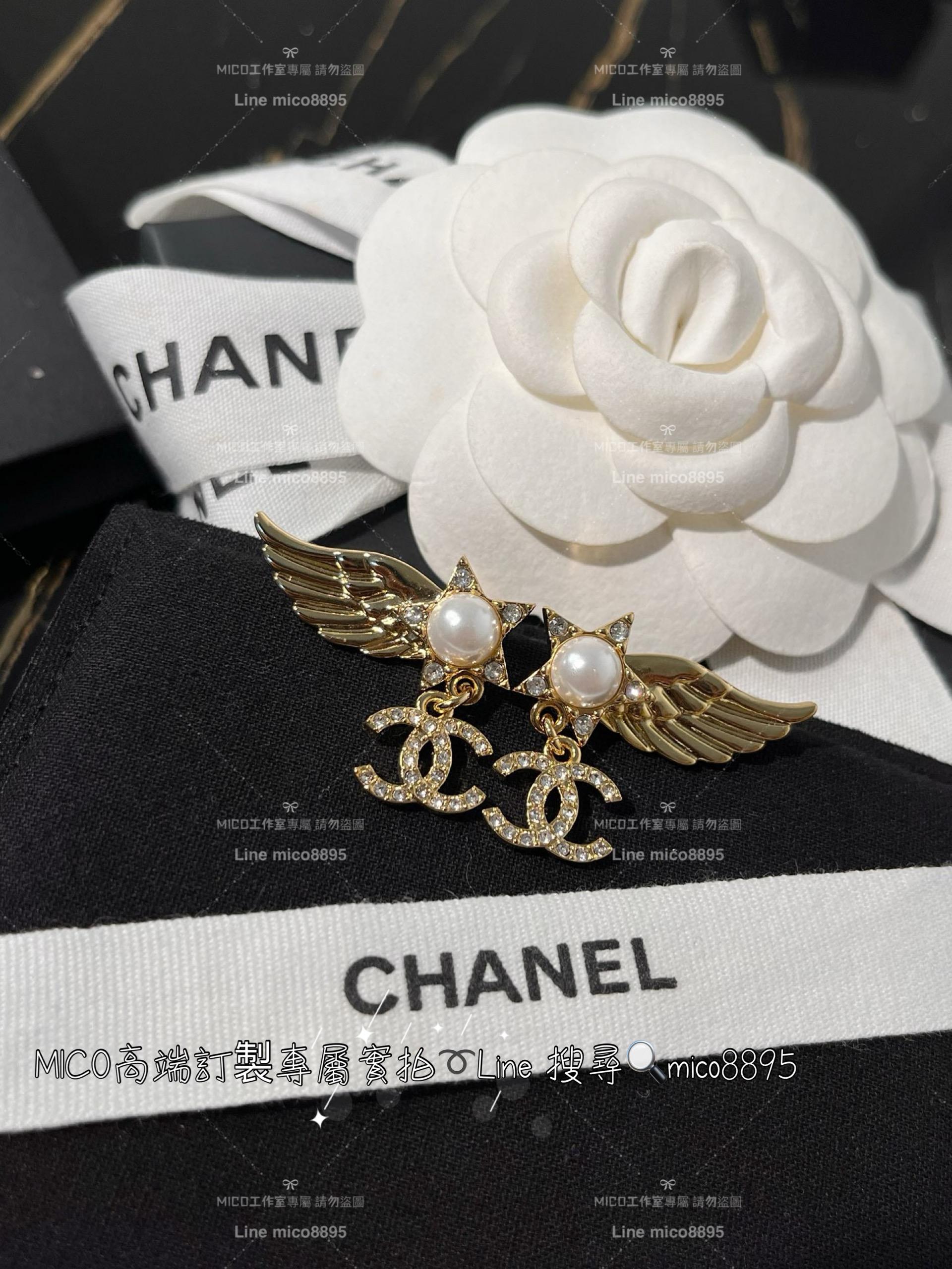 chanel vintage 金色立體翅膀五角星星珍珠耳環