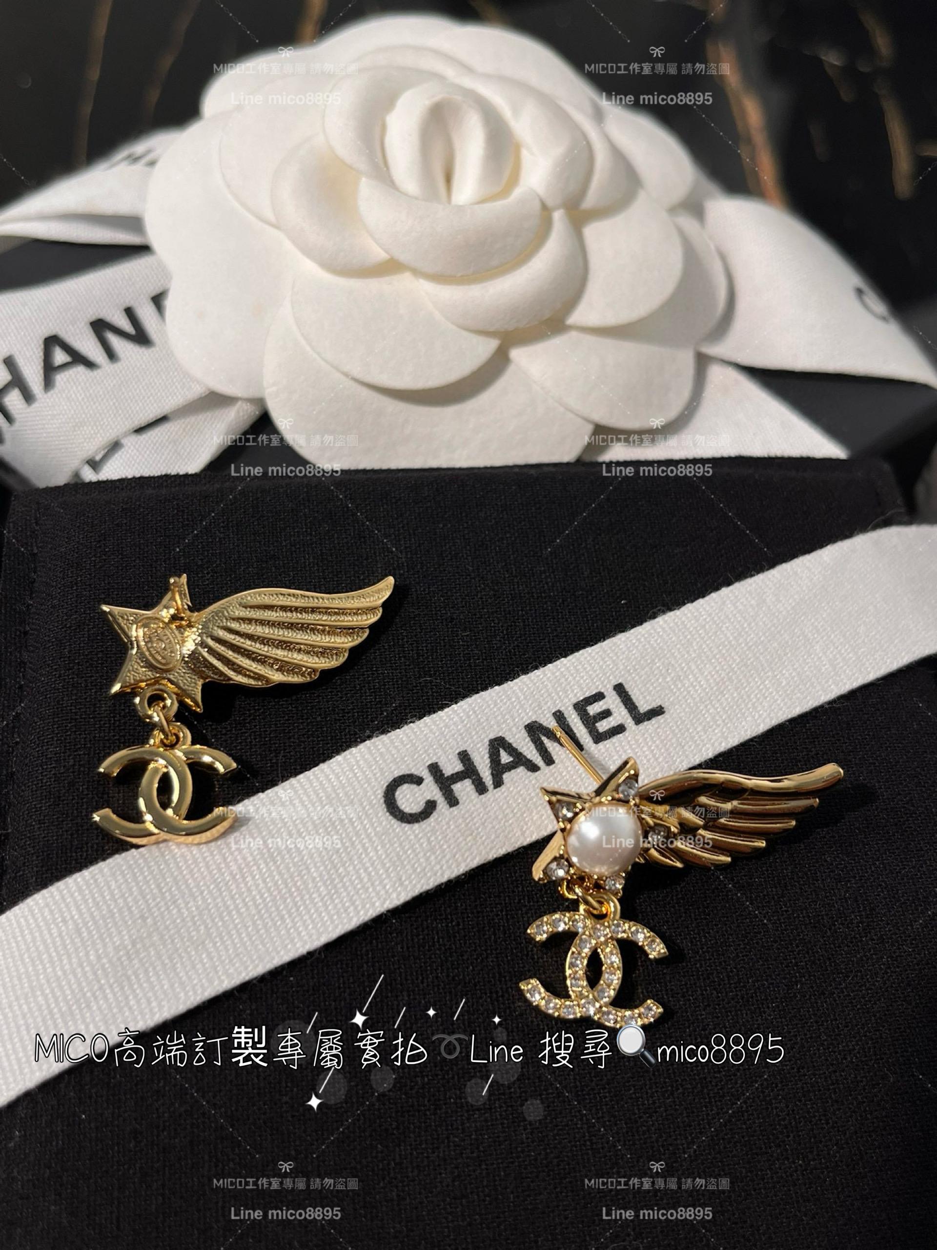 chanel vintage 金色立體翅膀五角星星珍珠耳環