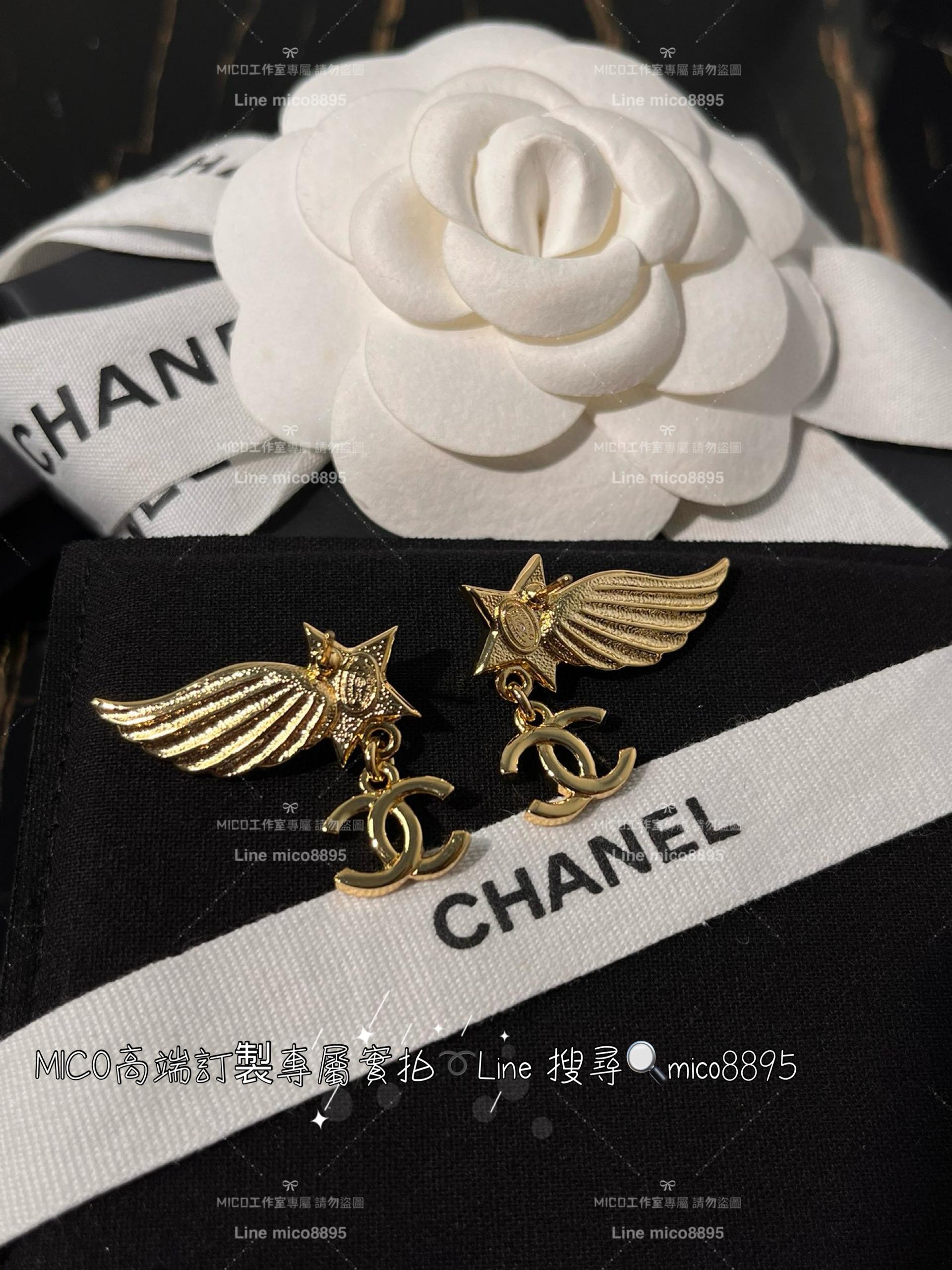 chanel vintage 金色立體翅膀五角星星珍珠耳環