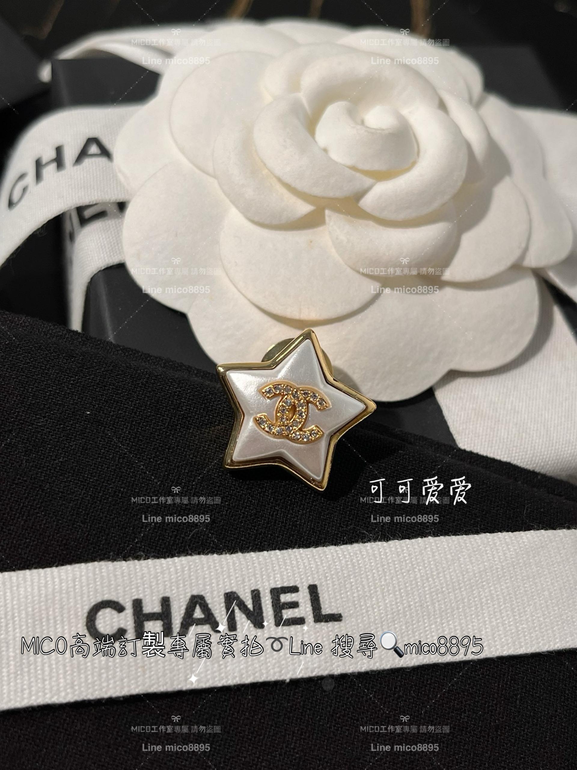 chanel 珠光樹脂五角星星滿鑽雙C胸針 白色琺瑯水鑽雙c胸針