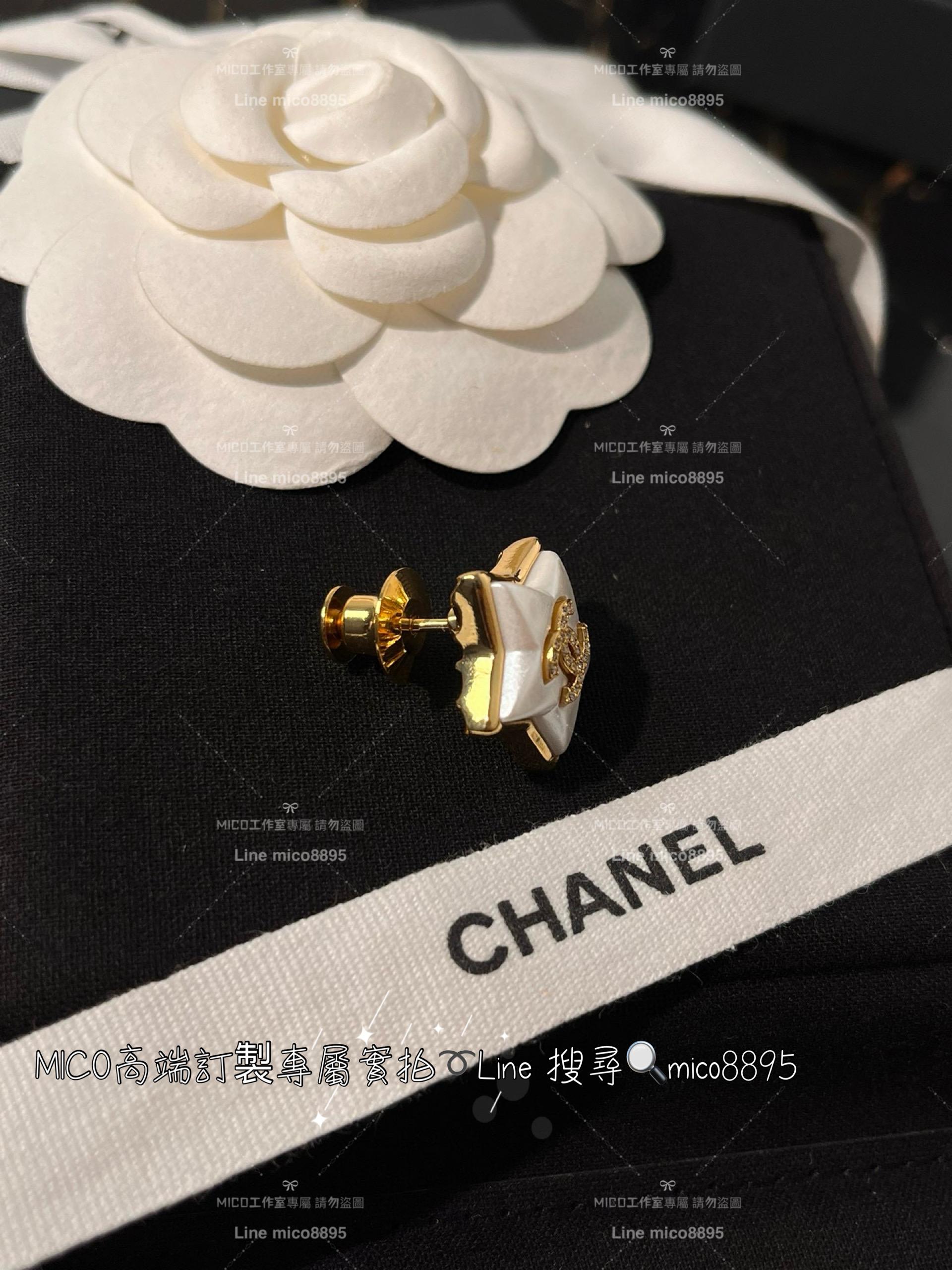 chanel 珠光樹脂五角星星滿鑽雙C胸針 白色琺瑯水鑽雙c胸針