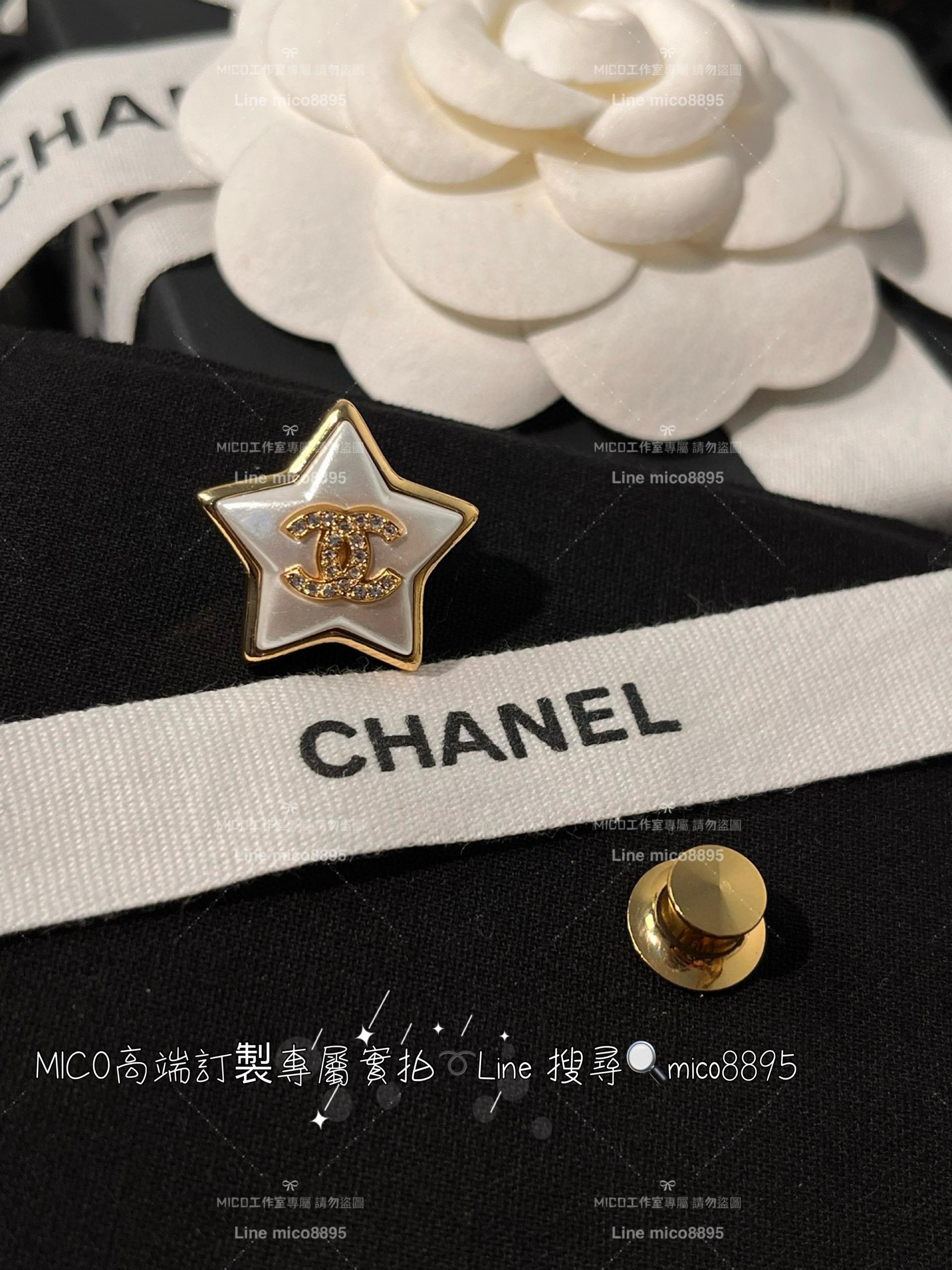 chanel 珠光樹脂五角星星滿鑽雙C胸針 白色琺瑯水鑽雙c胸針