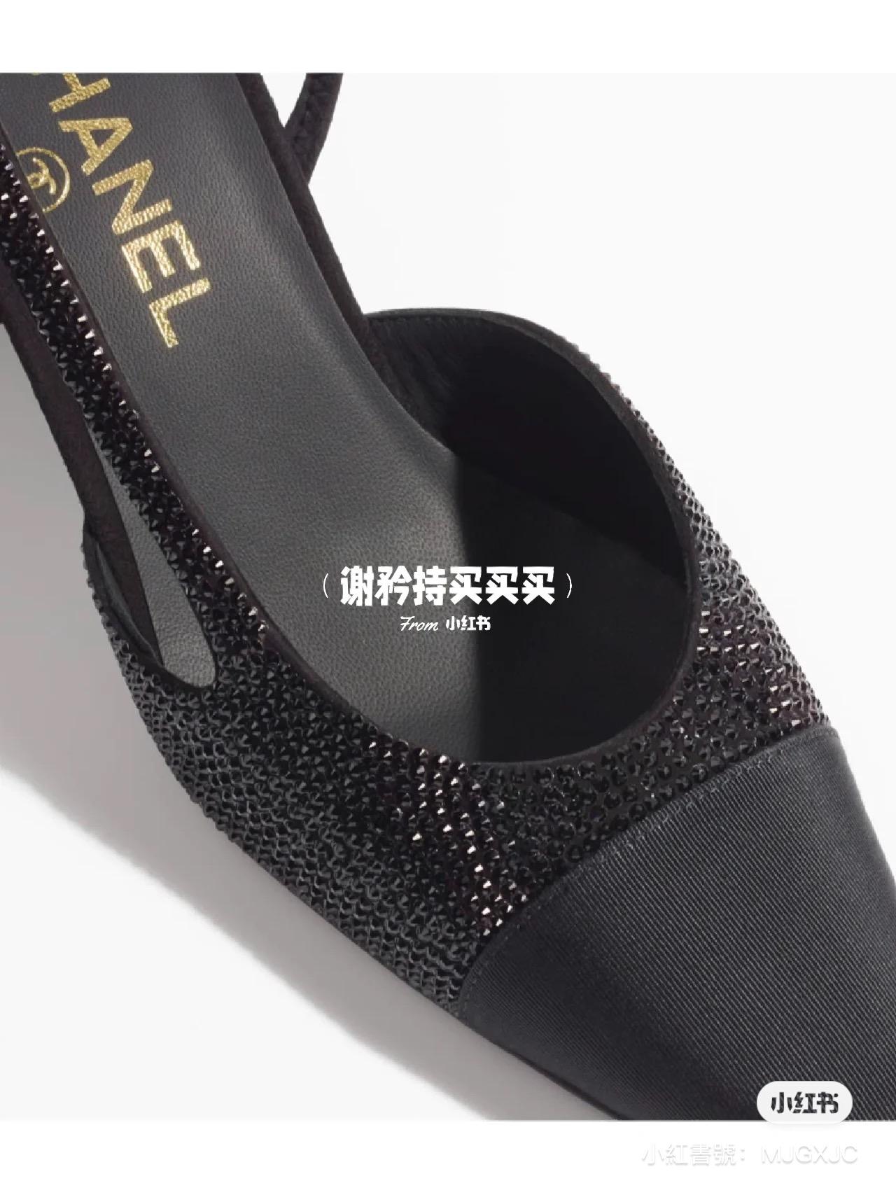 CHANEL 香奈兒 經典款 黑色水鑽拼布 包頭後空繫帶slingback系列涼鞋/跟鞋 粗跟 跟高6.5cm 35-40