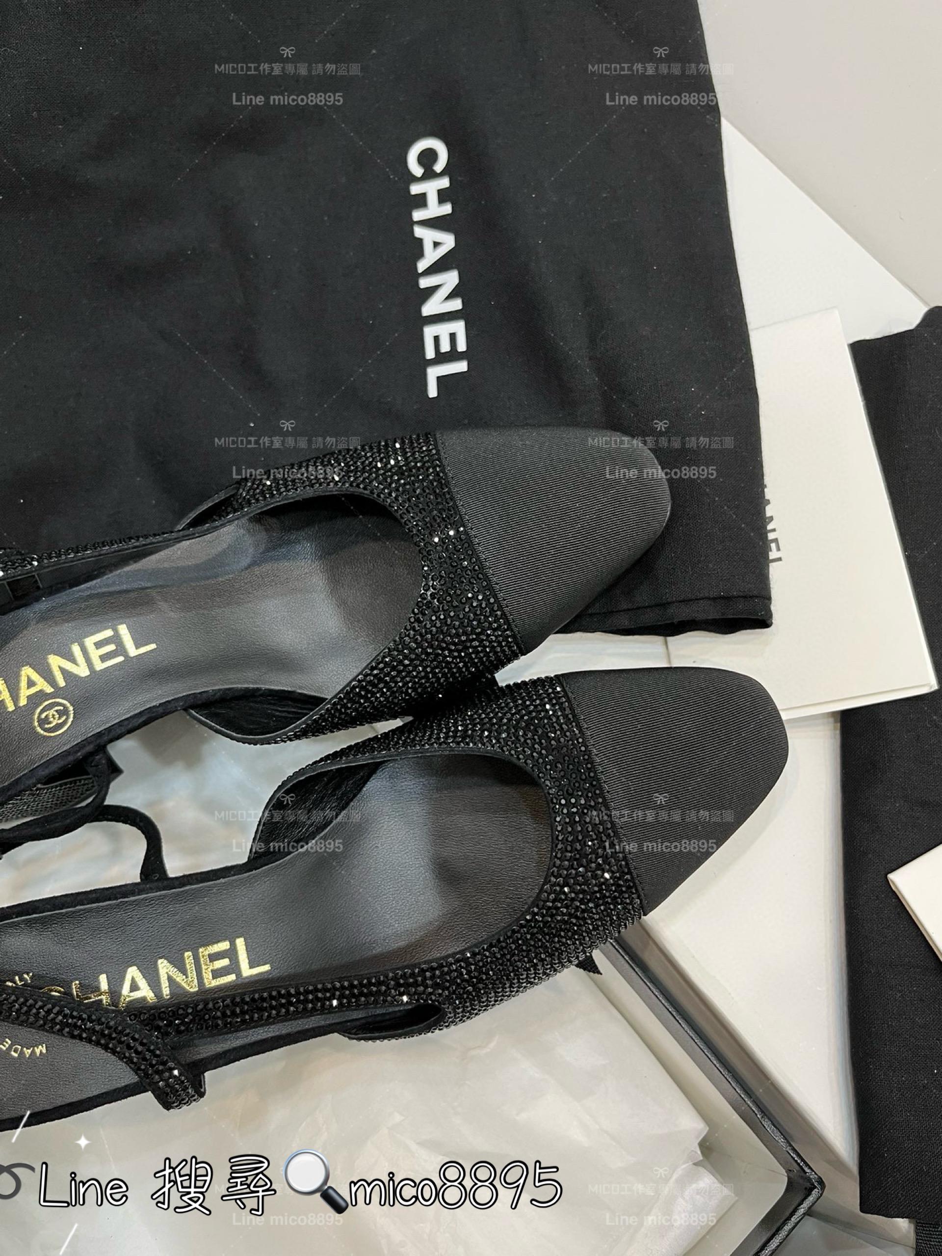 CHANEL 香奈兒 經典款 黑色水鑽拼布 包頭後空繫帶slingback系列涼鞋/跟鞋 粗跟 跟高6.5cm 35-40