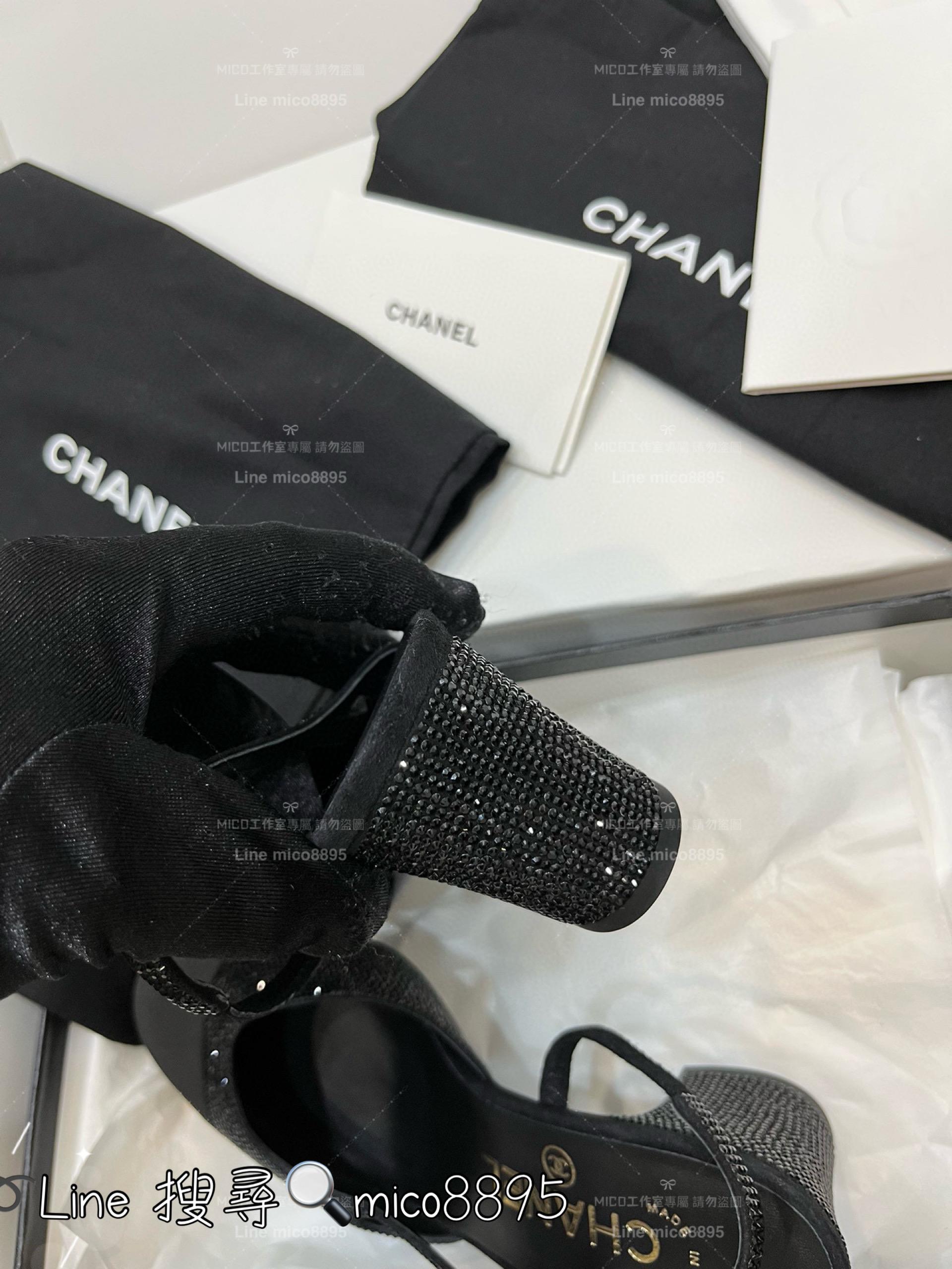 CHANEL 香奈兒 經典款 黑色水鑽拼布 包頭後空繫帶slingback系列涼鞋/跟鞋 粗跟 跟高6.5cm 35-40