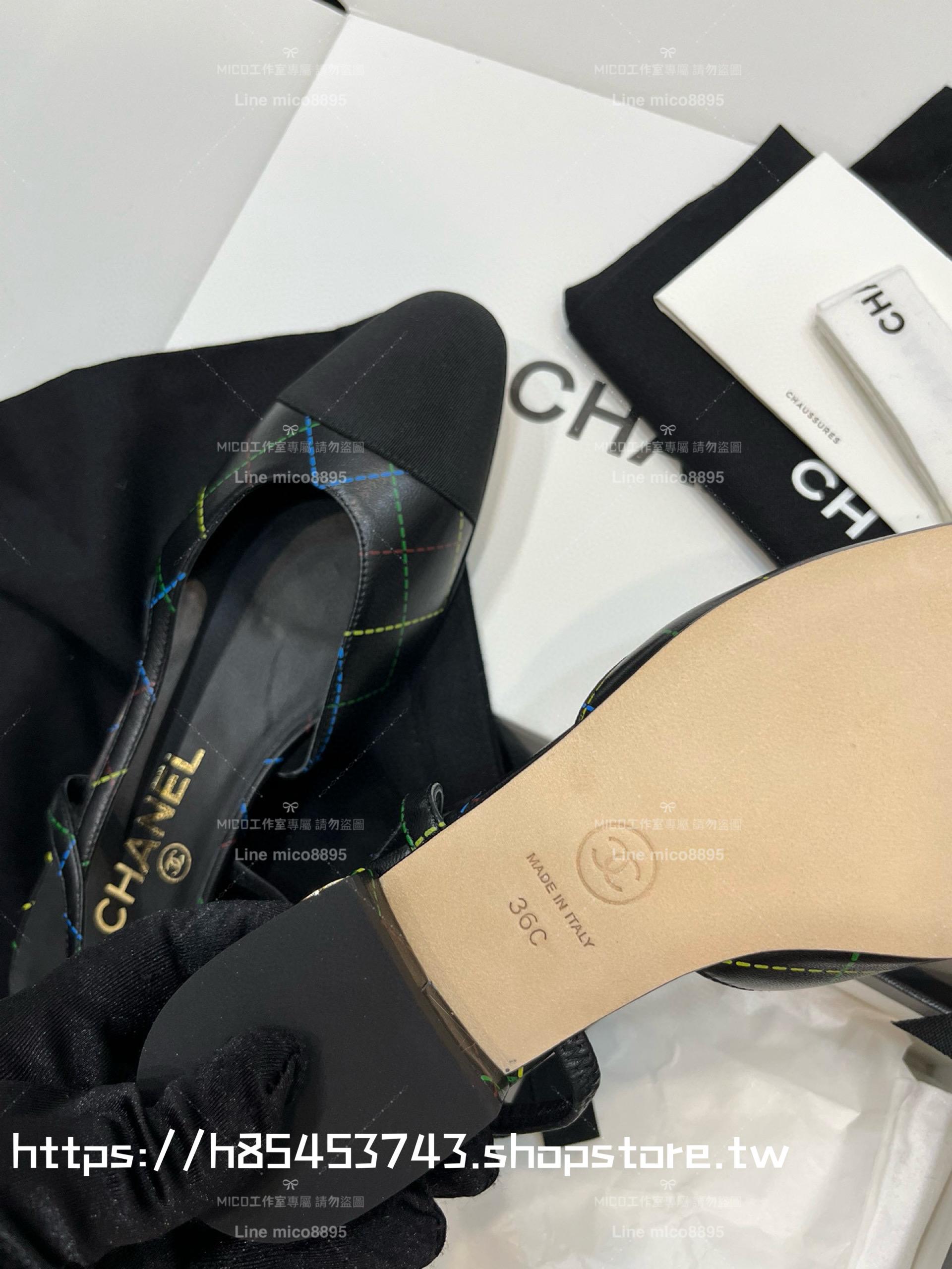 CHANEL 平底款 23c 黑底彩線小羊皮拼斜紋布包頭後空繫帶 slingback系列涼鞋 女鞋 35-40