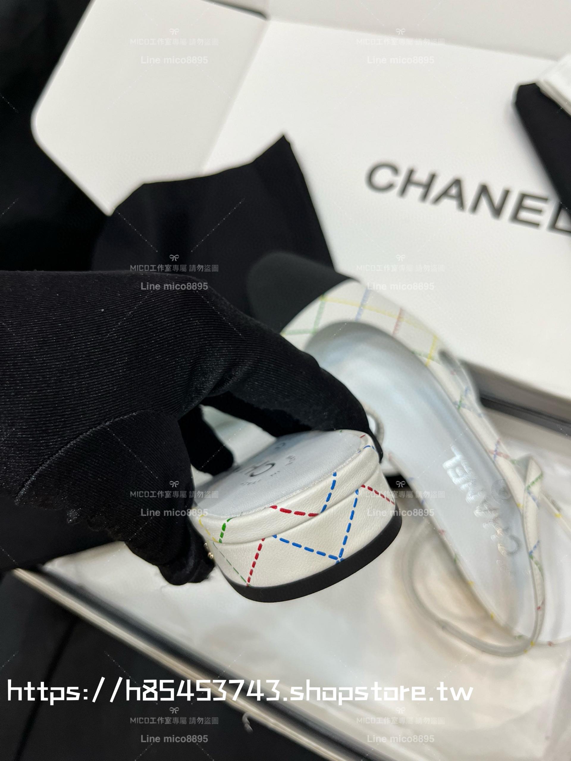 CHANEL 平底款 23c 白底彩線小羊皮拼斜紋布包頭後空繫帶 slingback系列涼鞋 女鞋 35-40