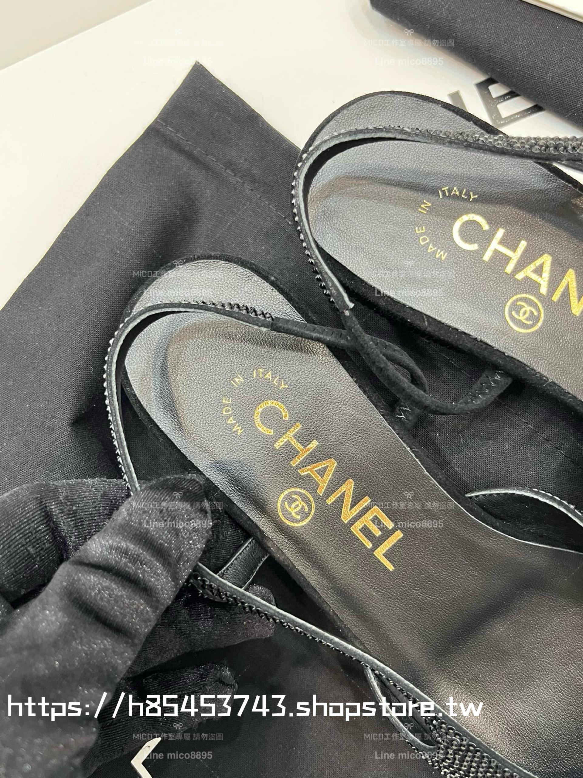 CHANEL 平底款 23S 水鑽黑色 包頭後空繫帶 slingback系列涼鞋 女鞋 35-40