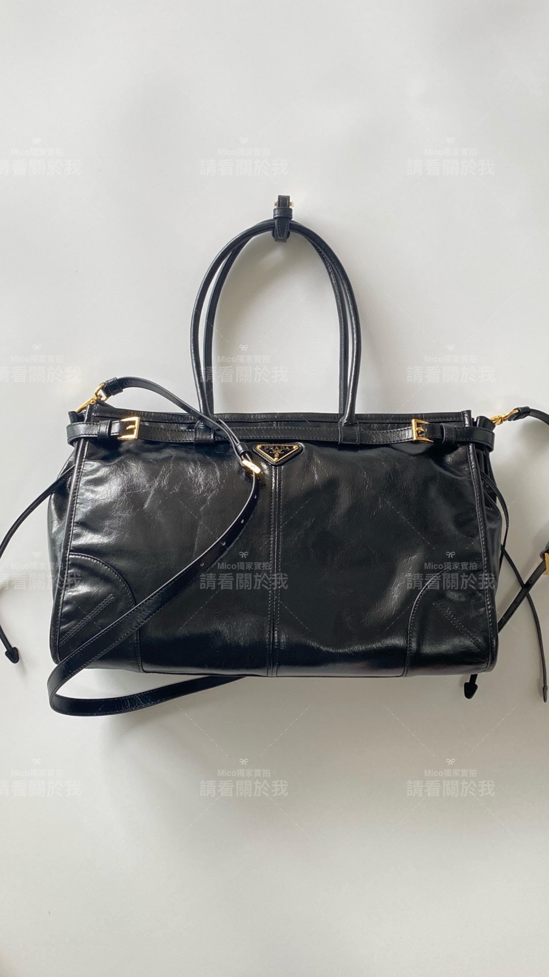 PRADA 普拉達 長柄款 Lux soft Bag 黑色油蠟皮革 中號尺寸：38*24*12 上班族推薦款