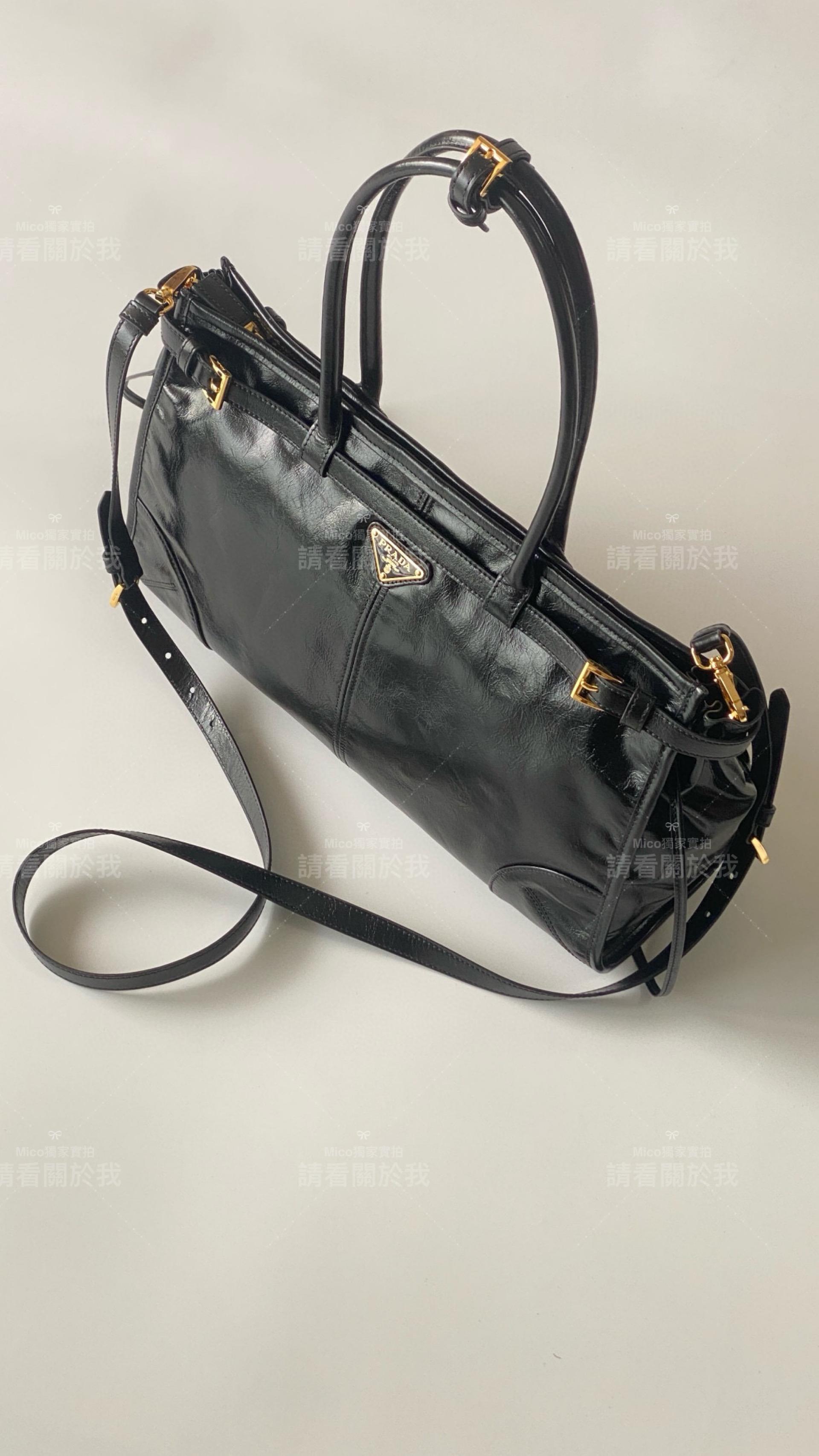 PRADA 普拉達 長柄款 Lux soft Bag 黑色油蠟皮革 中號尺寸：38*24*12 上班族推薦款