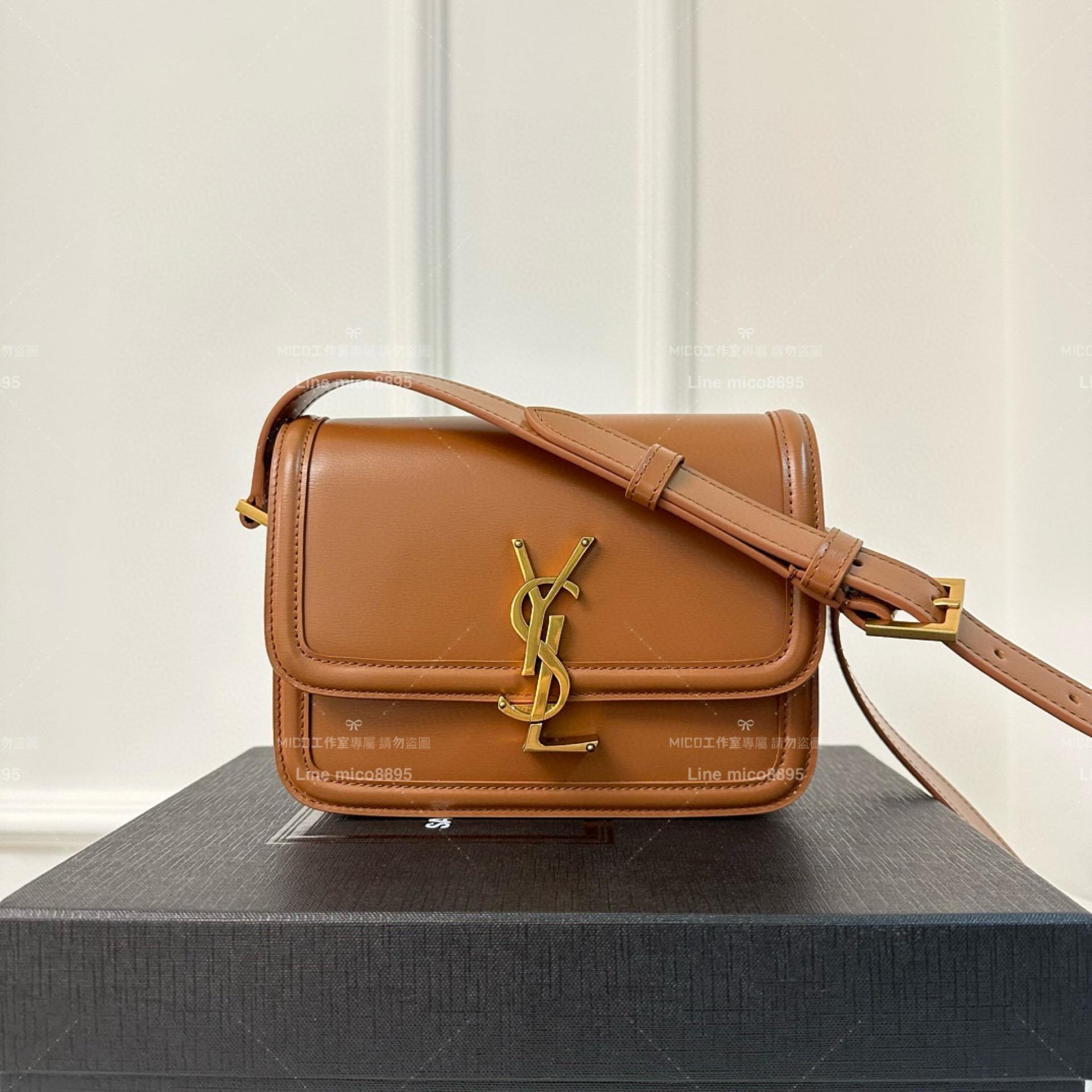 YSL Saint Laurent 焦糖色/金釦 郵差包 Solferino Box Small Satchel Bag 19cm 豆腐包 斜跨包