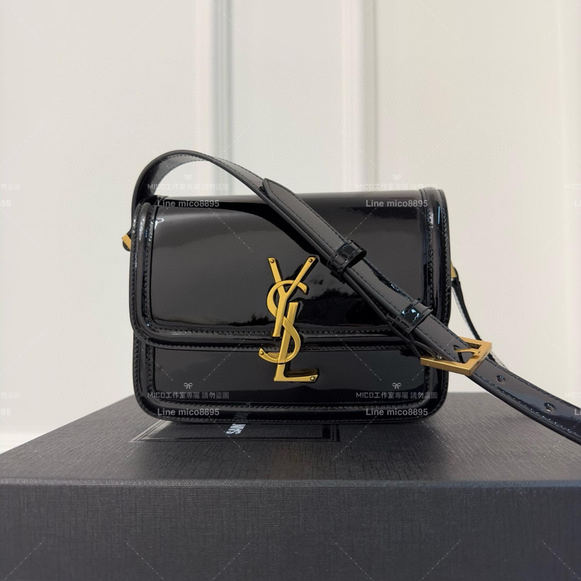 YSL Saint Laurent 漆皮黑/金釦 郵差包 Solferino Box Small Satchel Bag 19cm 豆腐包 斜跨包
