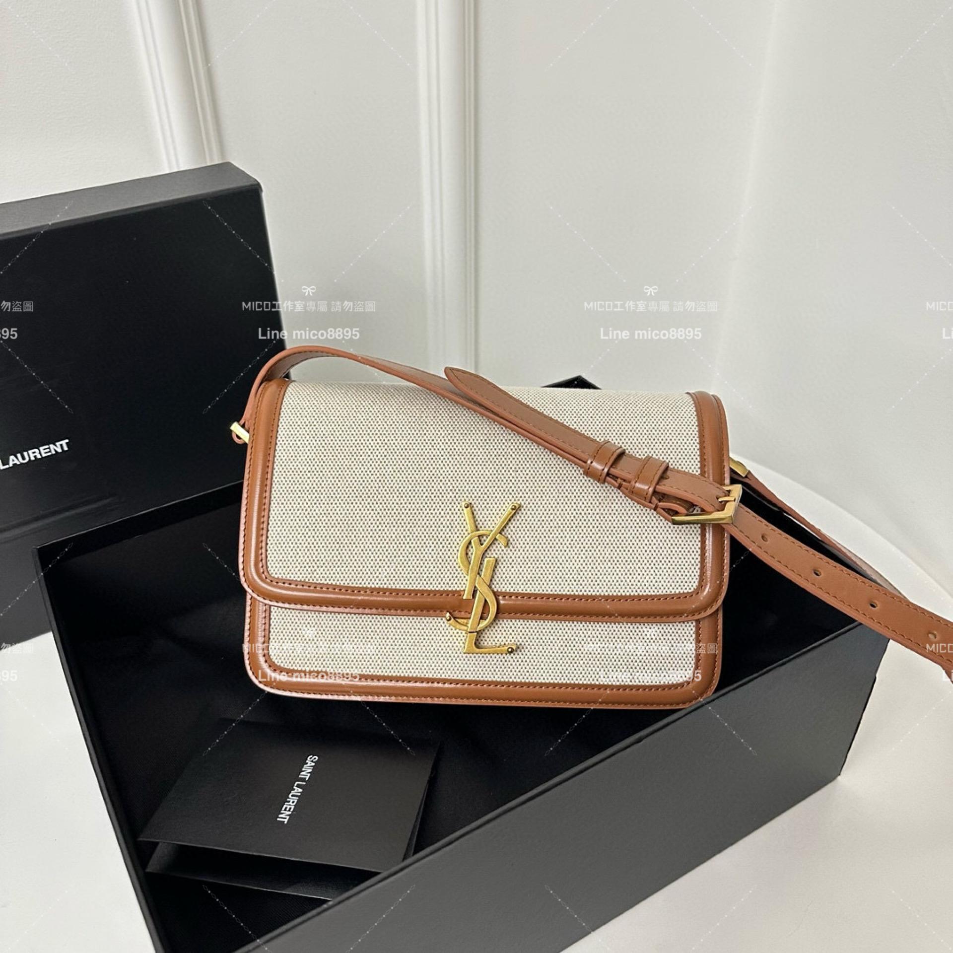 YSL Saint Laurent 棉麻款/金釦/中號 郵差包 Solferino Box Satchel Bag 23cm 豆腐包 斜跨包