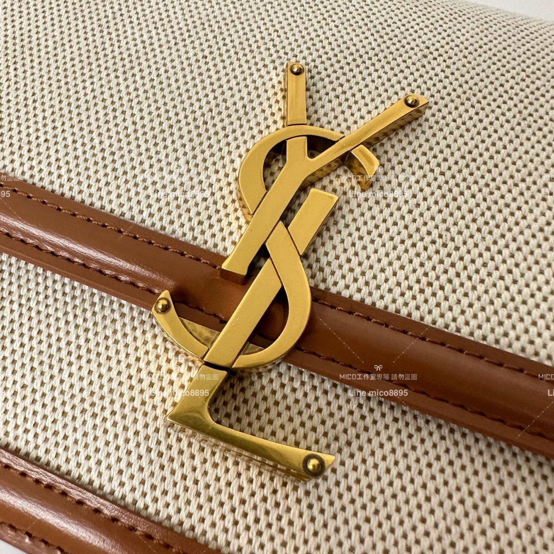 YSL Saint Laurent 棉麻款/金釦/中號 郵差包 Solferino Box Satchel Bag 23cm 豆腐包 斜跨包