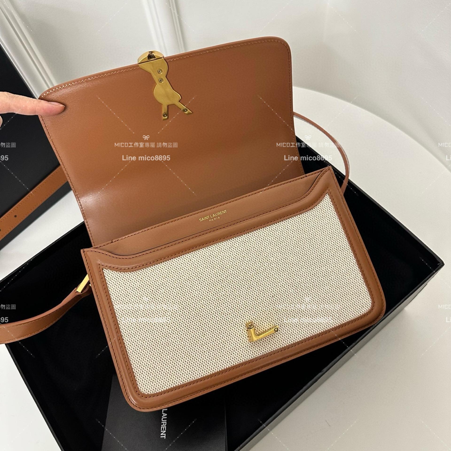 YSL Saint Laurent 棉麻款/金釦/中號 郵差包 Solferino Box Satchel Bag 23cm 豆腐包 斜跨包