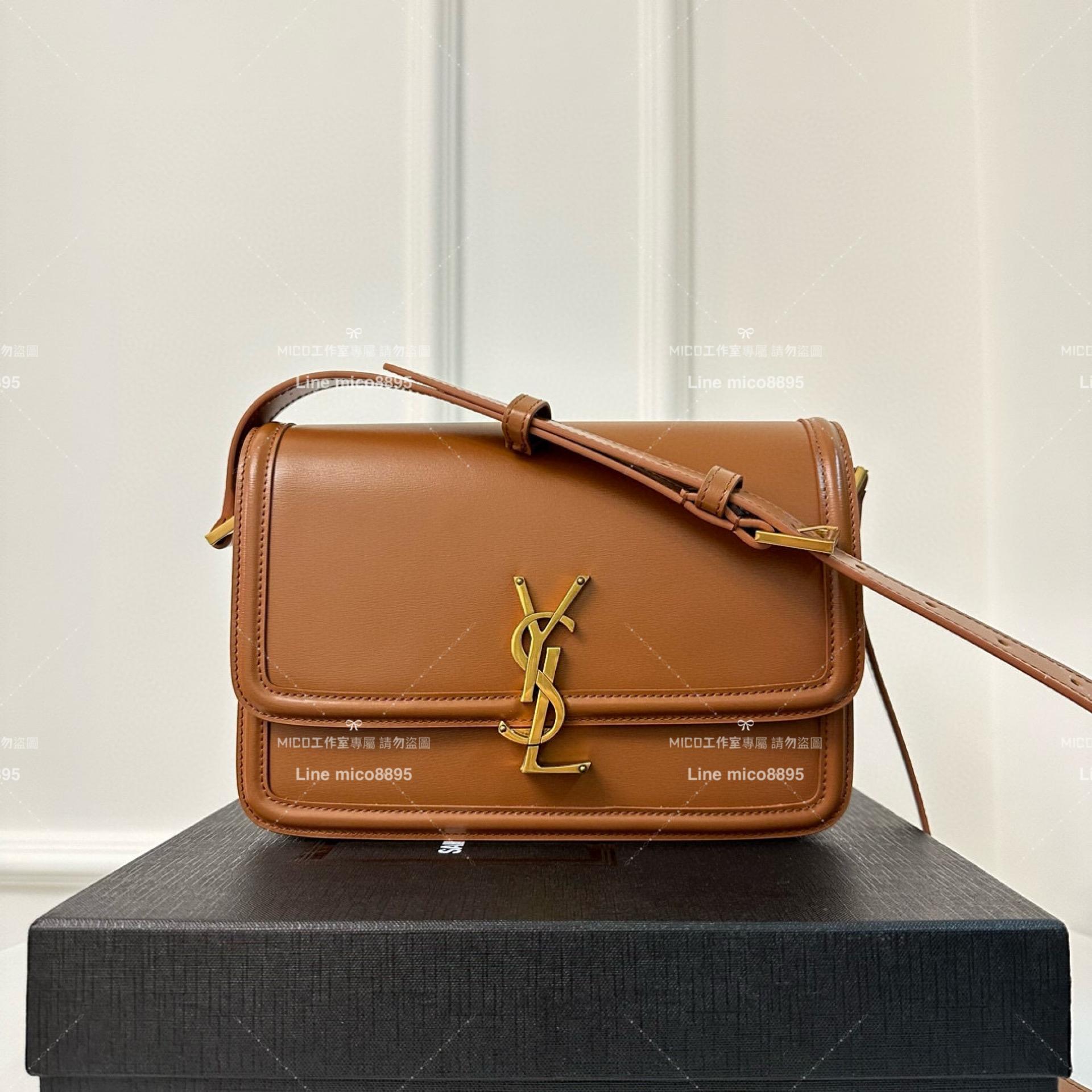 YSL Saint Laurent 焦糖色/金釦/中號 郵差包 Solferino Box Satchel Bag 23cm 豆腐包 斜跨包