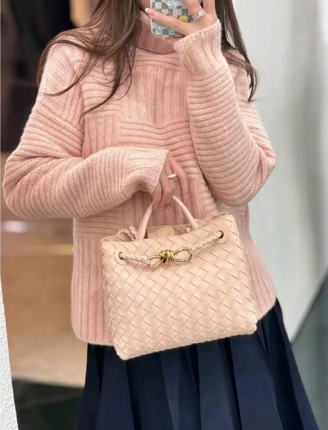 BOTTEGA VENETA 編織羊皮 蓮花粉 SMALL小號 ANDIAMO 編織包手袋 25cm