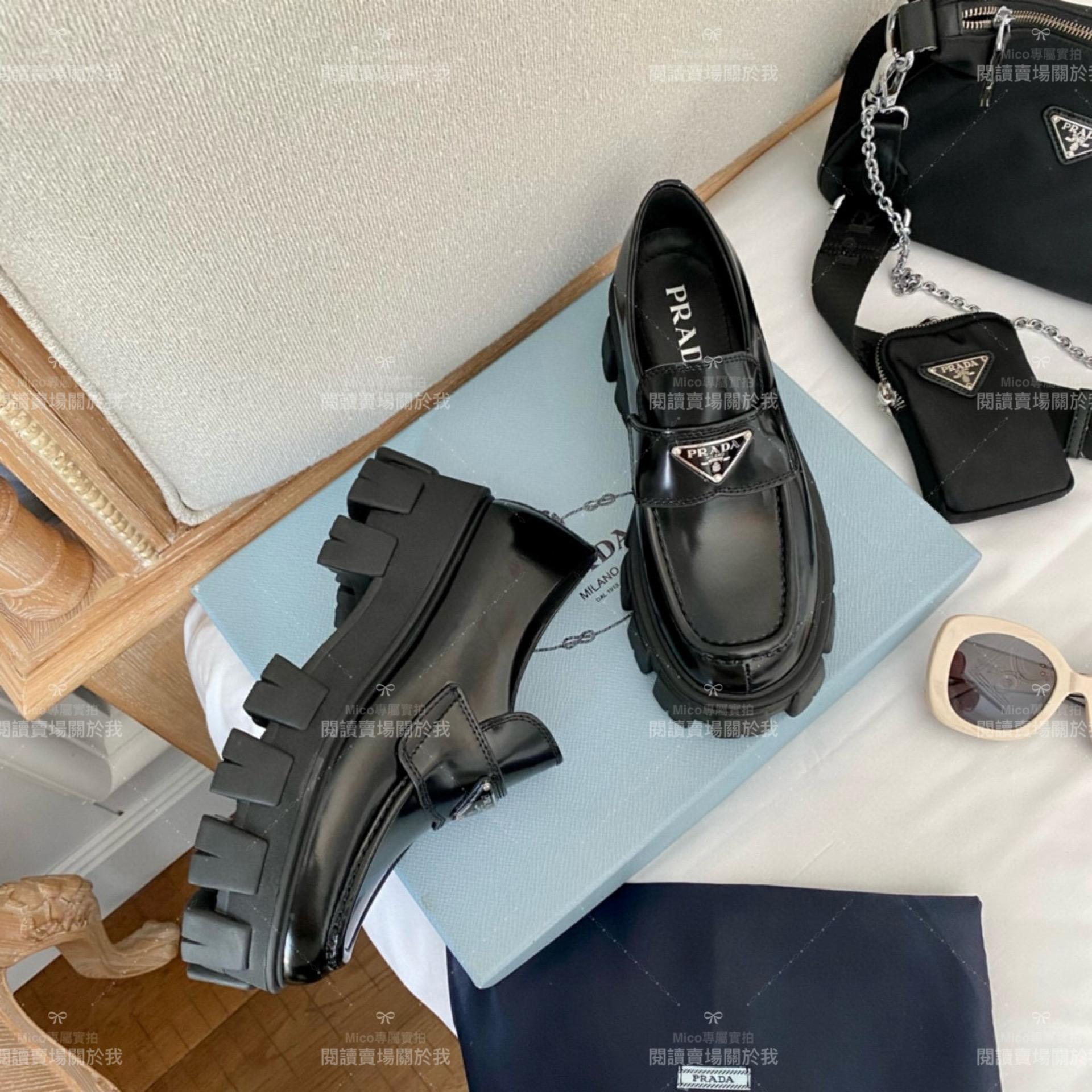 【Prada】復古英倫風格 銀色三角金屬標厚底復古樂福鞋 輪胎底 5cm 35-39(可訂製40)