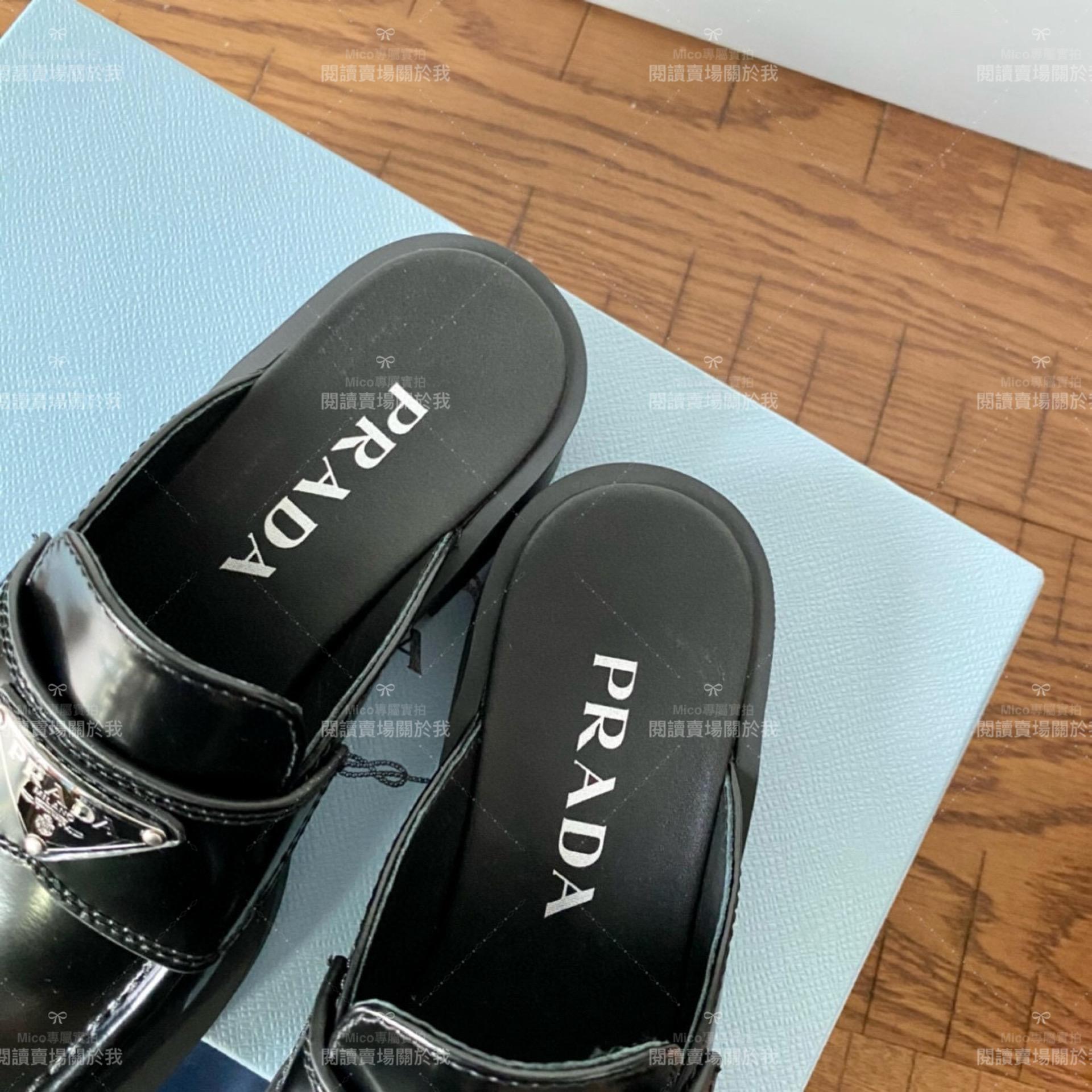 【Prada】經典金屬三角標厚底穆勒拖鞋 穆勒鞋/拖鞋 4cm 35-39(可訂製40)