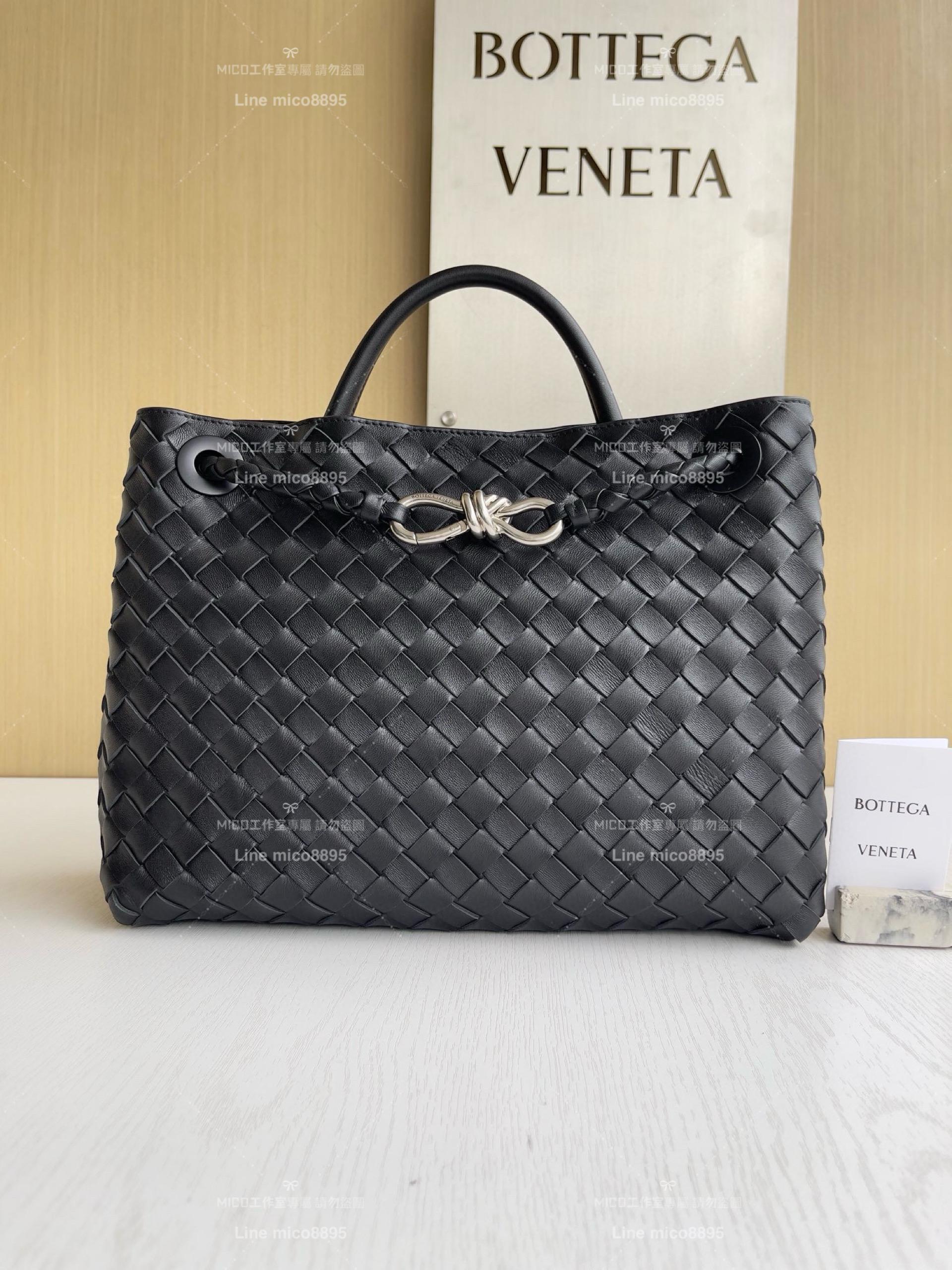 BOTTEGA VENETA 黑色銀釦 BV 編織小羊皮中號Andiamo手提包/肩背包 老錢風穿搭 32.5cm