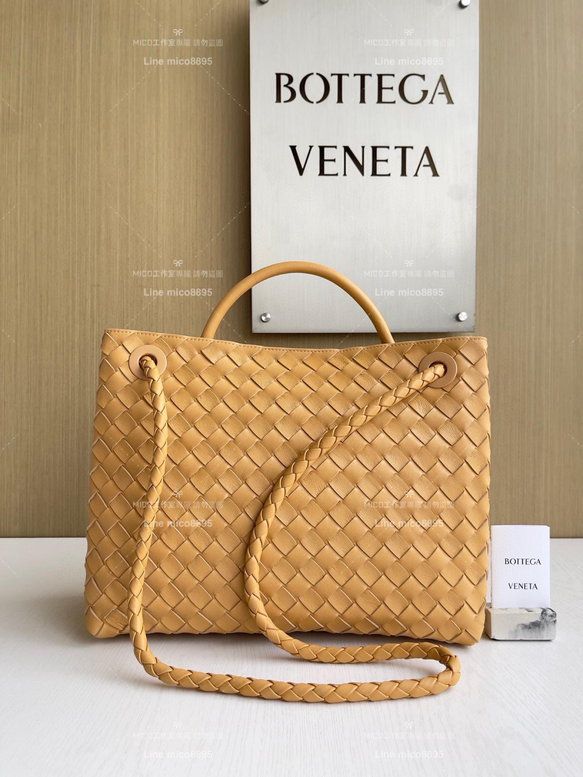 BOTTEGA VENETA BV 杏色編織小羊皮中號Andiamo手提包/肩背包 老錢風穿搭 32.5cm