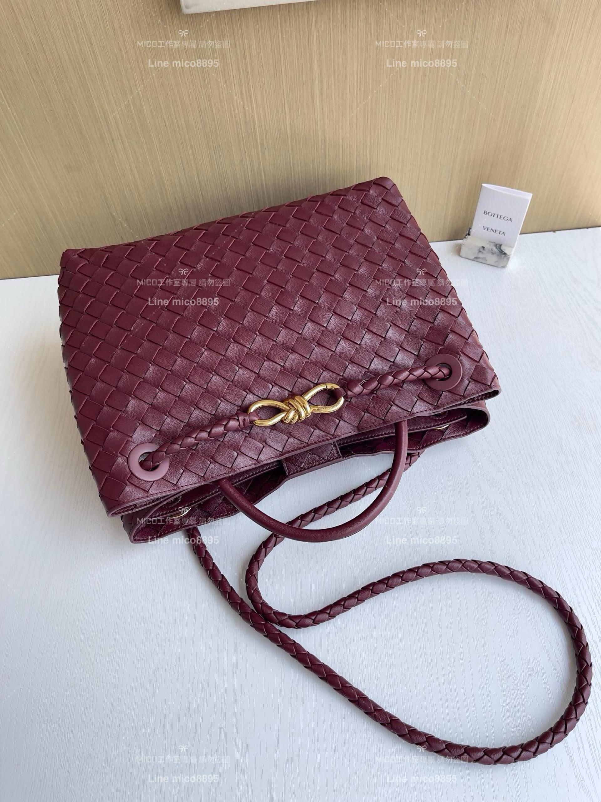 BOTTEGA VENETA BV 酒紅色 編織小羊皮中號Andiamo手提包/肩背包 老錢風穿搭 32.5cm