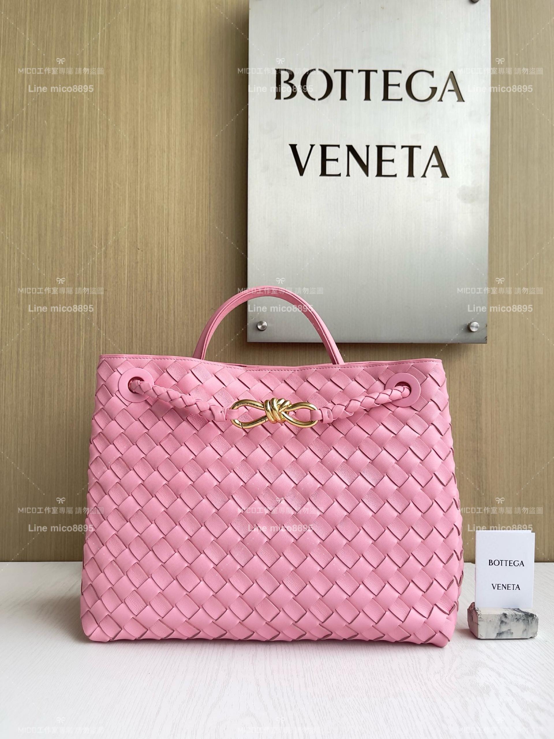 BOTTEGA VENETA BV 絲帶粉 編織小羊皮中號Andiamo手提包/肩背包 老錢風穿搭 32.5cm