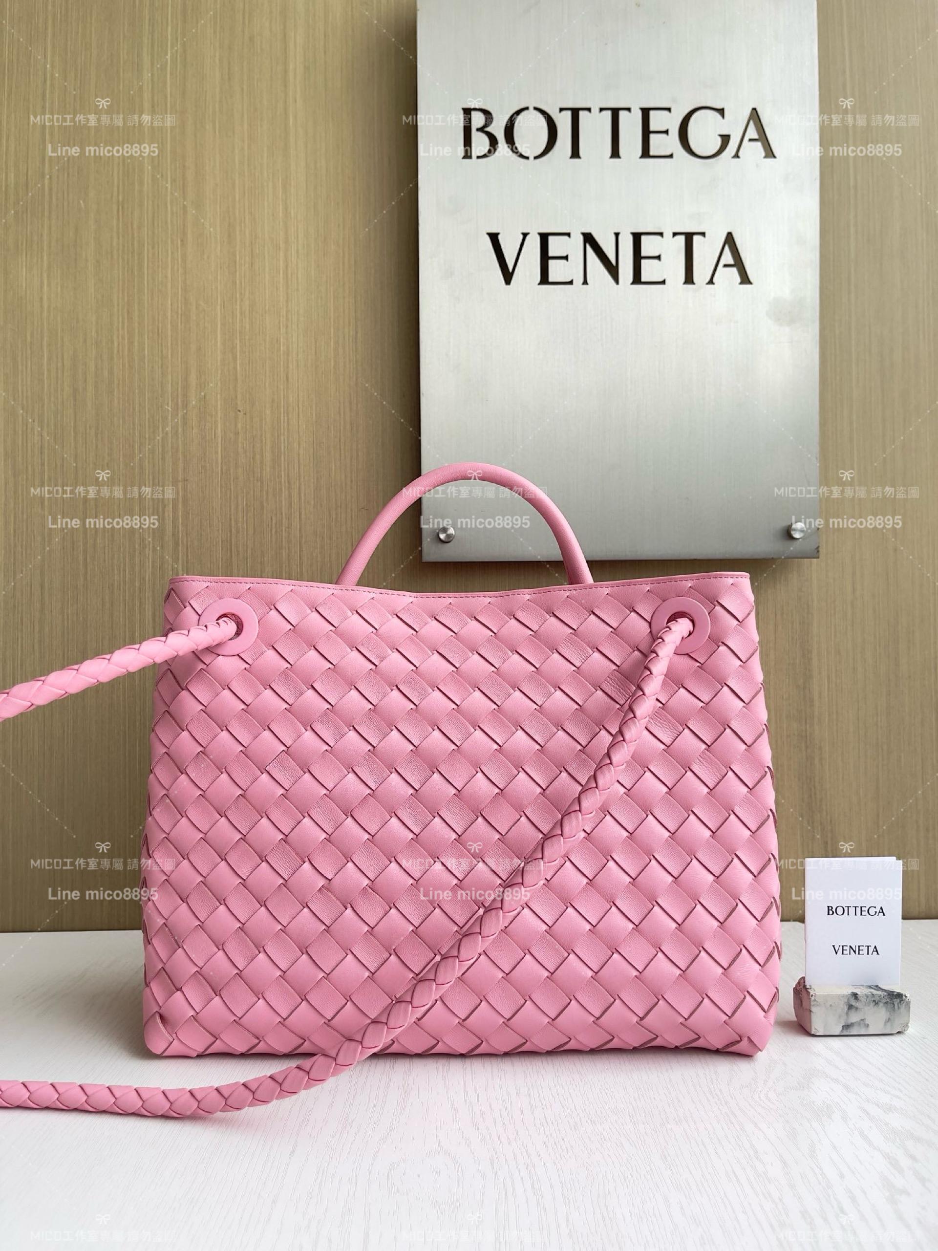 BOTTEGA VENETA BV 絲帶粉 編織小羊皮中號Andiamo手提包/肩背包 老錢風穿搭 32.5cm