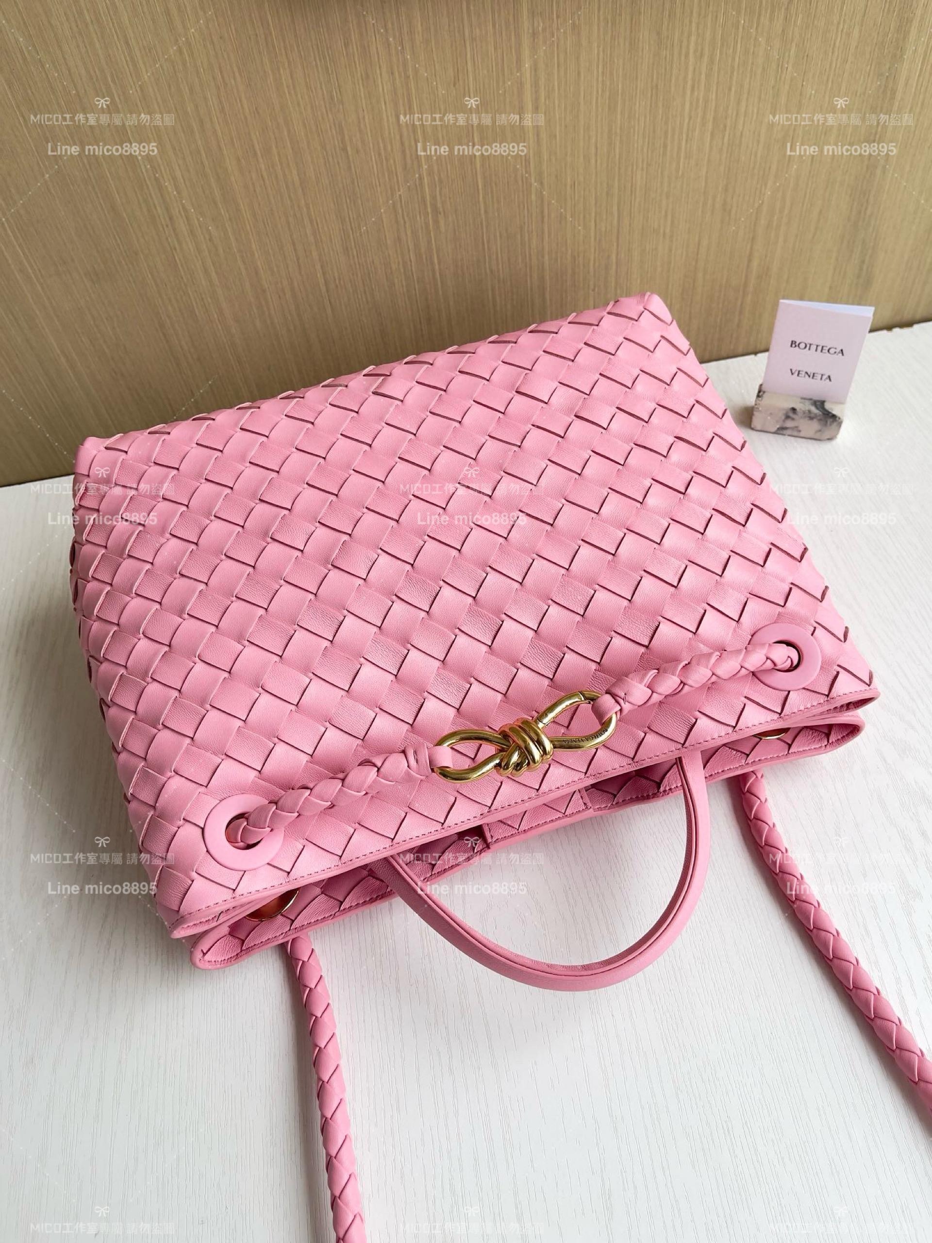 BOTTEGA VENETA BV 絲帶粉 編織小羊皮中號Andiamo手提包/肩背包 老錢風穿搭 32.5cm