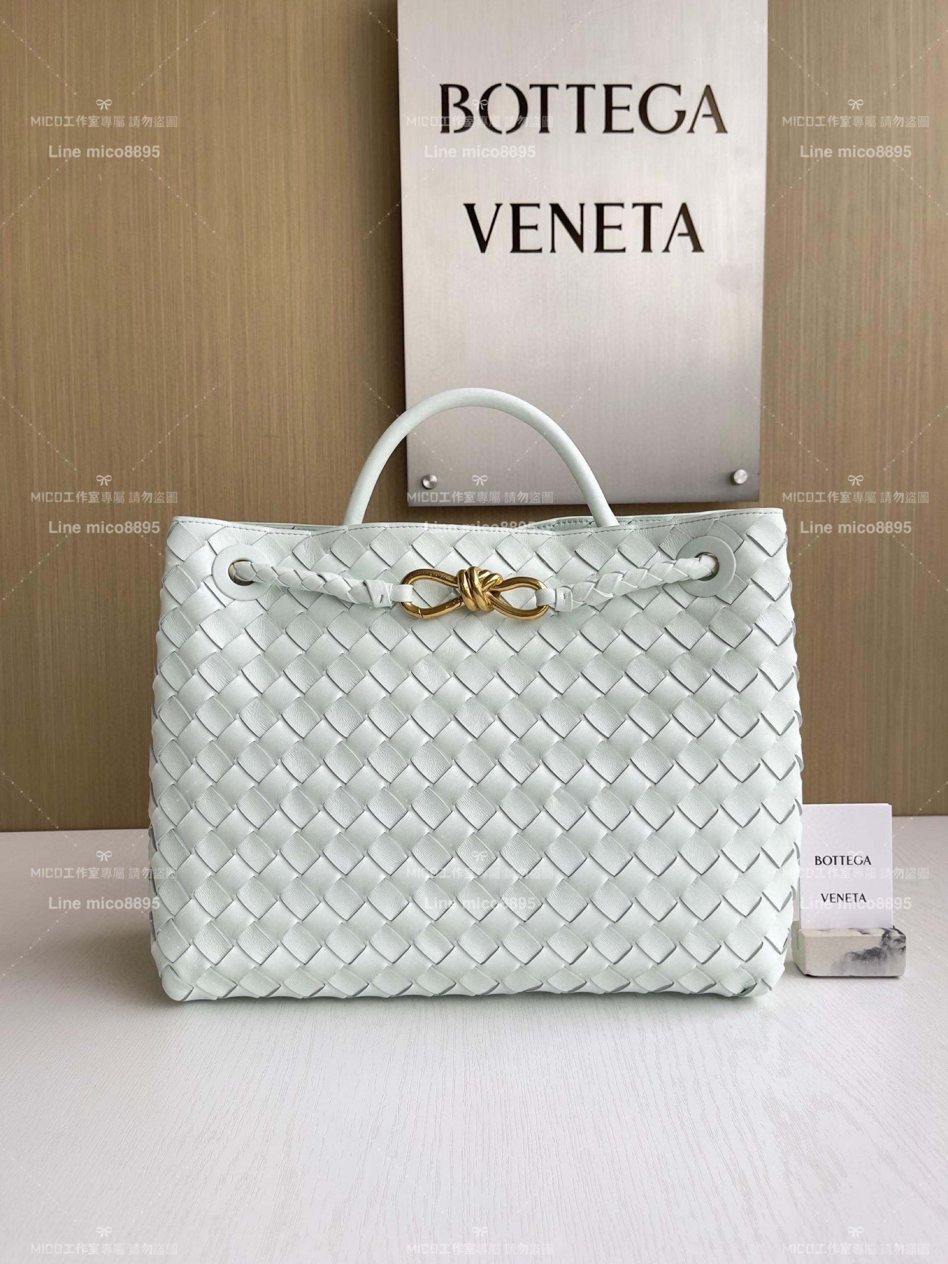 BOTTEGA VENETA BV 冰藍色編織小羊皮中號Andiamo手提包/肩背包 老錢風穿搭 32.5cm