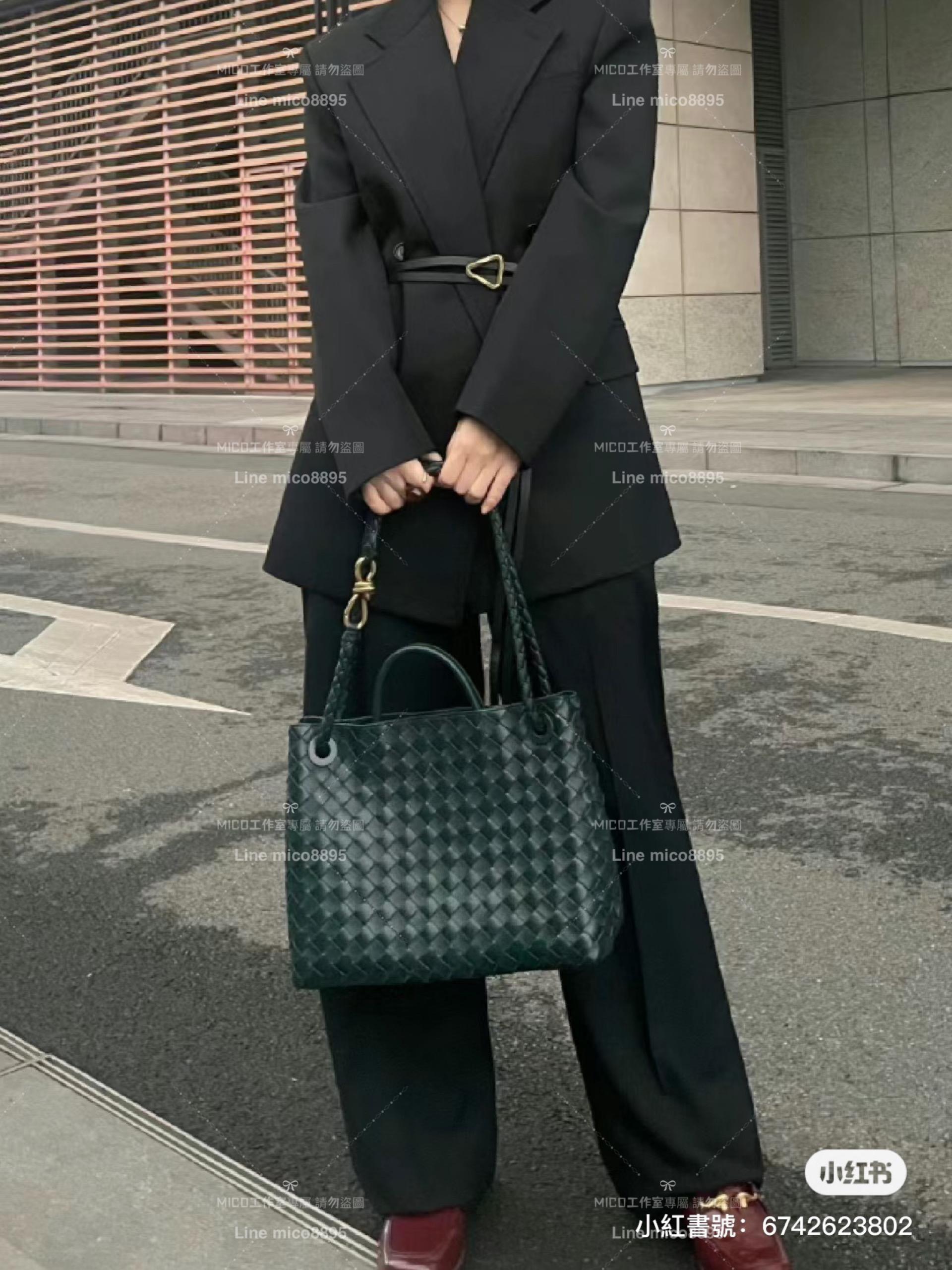 BOTTEGA VENETA BV 墨水綠 編織小羊皮中號Andiamo手提包/肩背包 老錢風穿搭 32.5cm