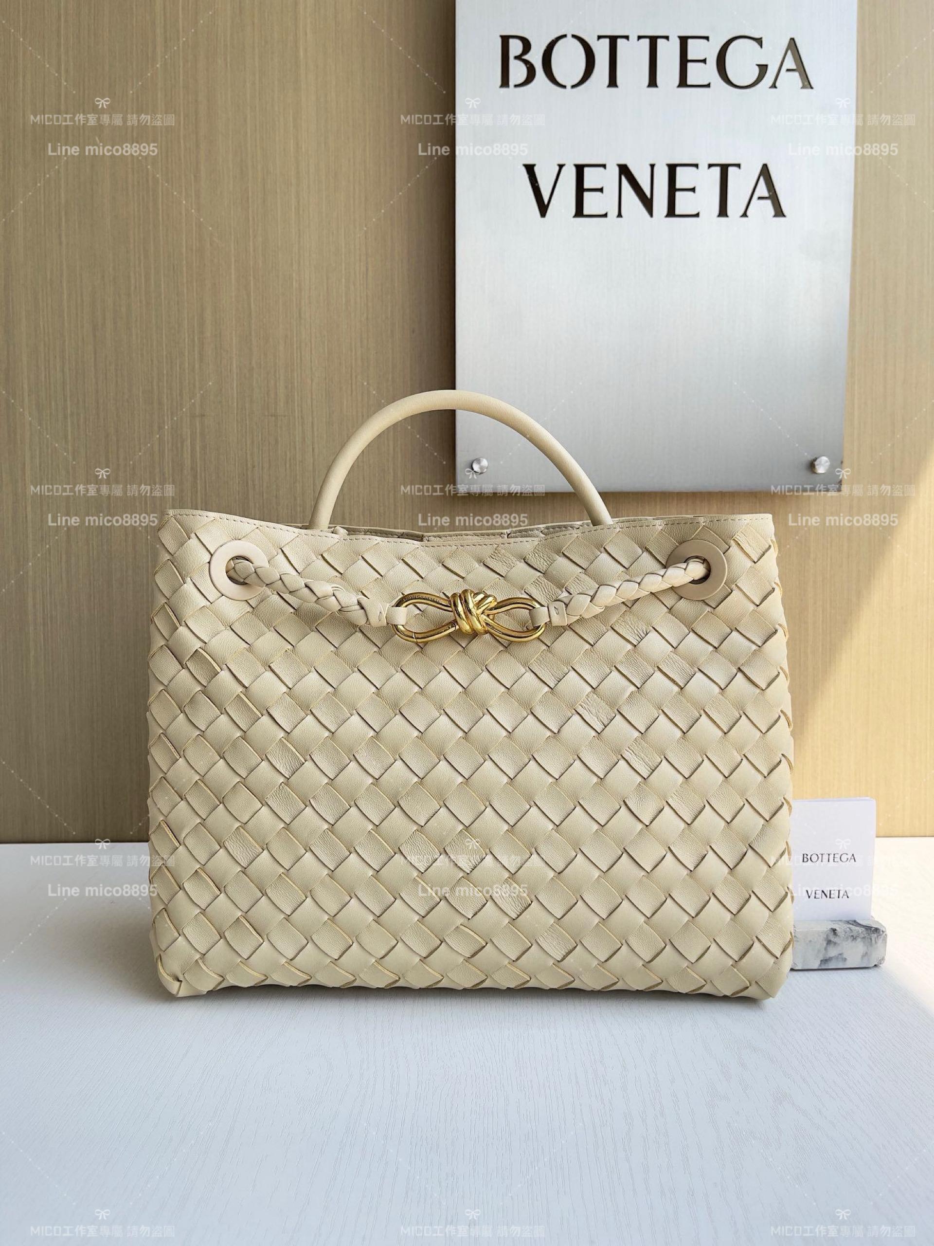 BOTTEGA VENETA BV 燕麥色編織小羊皮中號Andiamo手提包/肩背包/托特包 老錢風穿搭 32.5cm