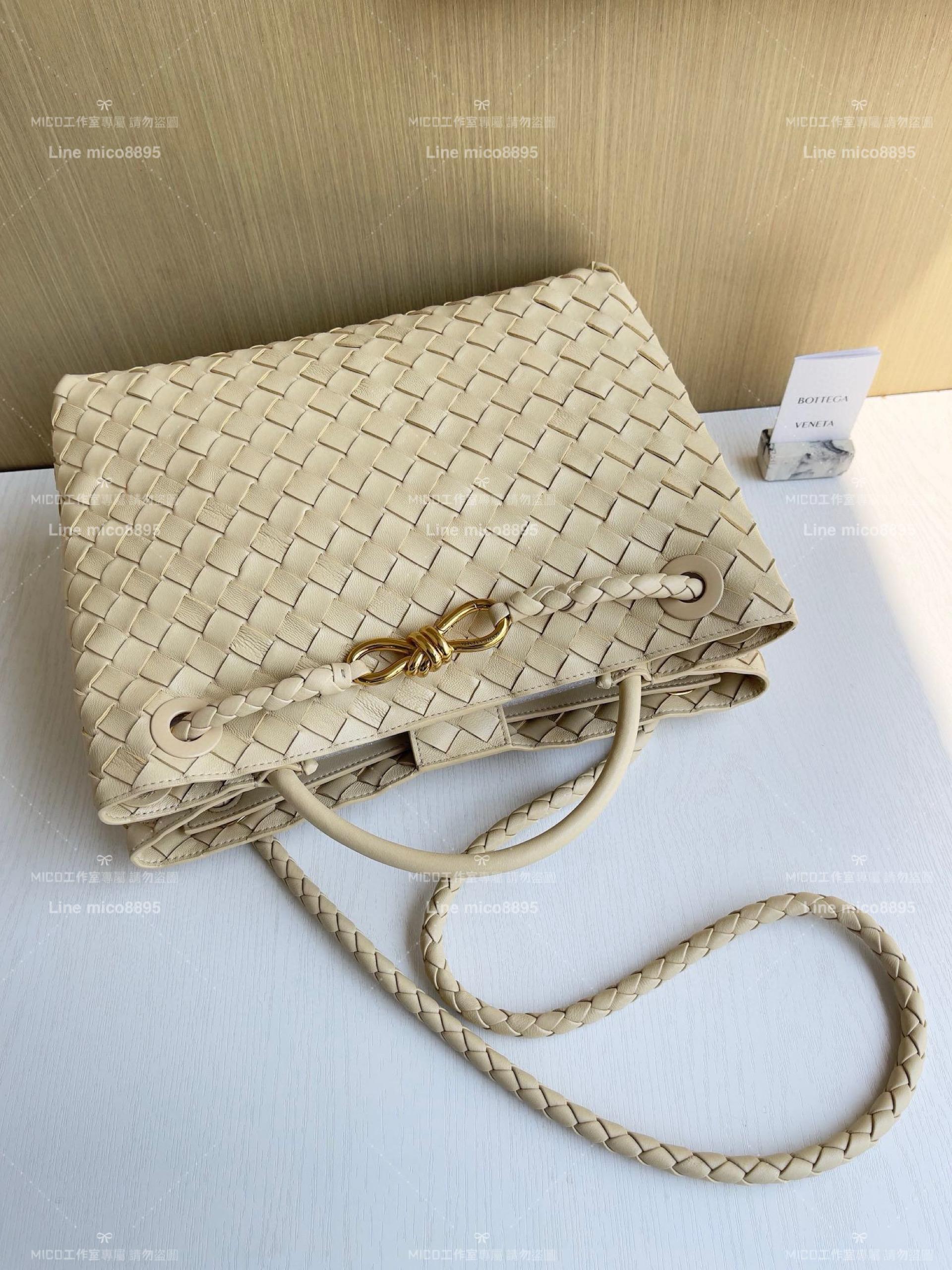 BOTTEGA VENETA BV 燕麥色編織小羊皮中號Andiamo手提包/肩背包/托特包 老錢風穿搭 32.5cm