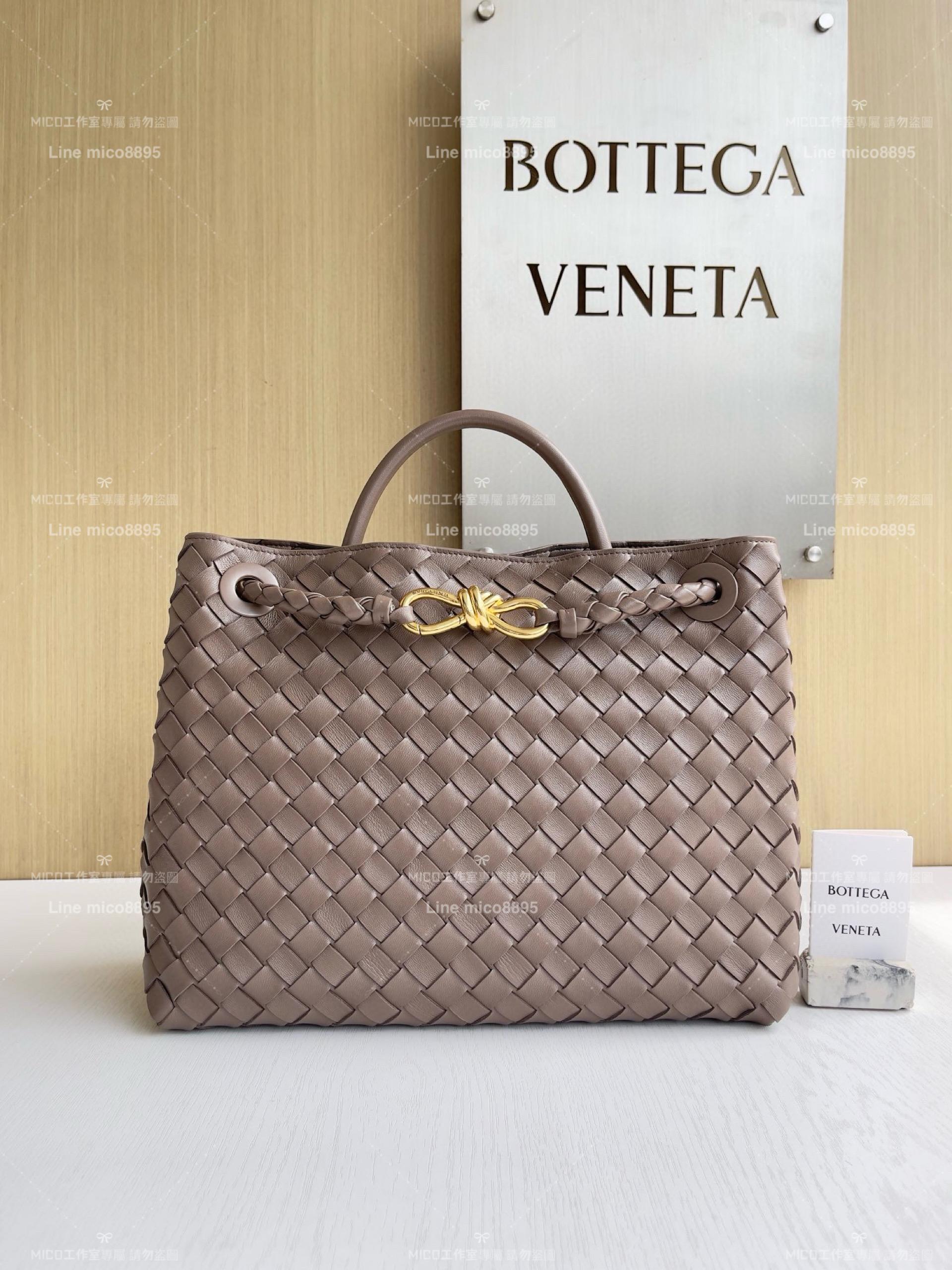 BOTTEGA VENETA BV 灰褐色編織小羊皮中號Andiamo手提包/肩背包 老錢風穿搭 32.5cm