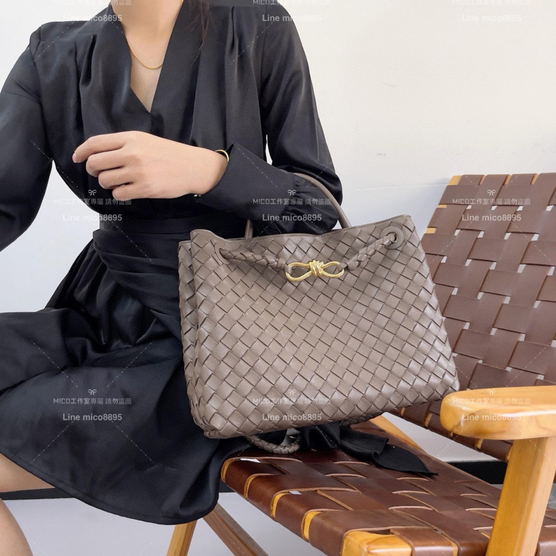 BOTTEGA VENETA BV 灰褐色編織小羊皮中號Andiamo手提包/肩背包 老錢風穿搭 32.5cm