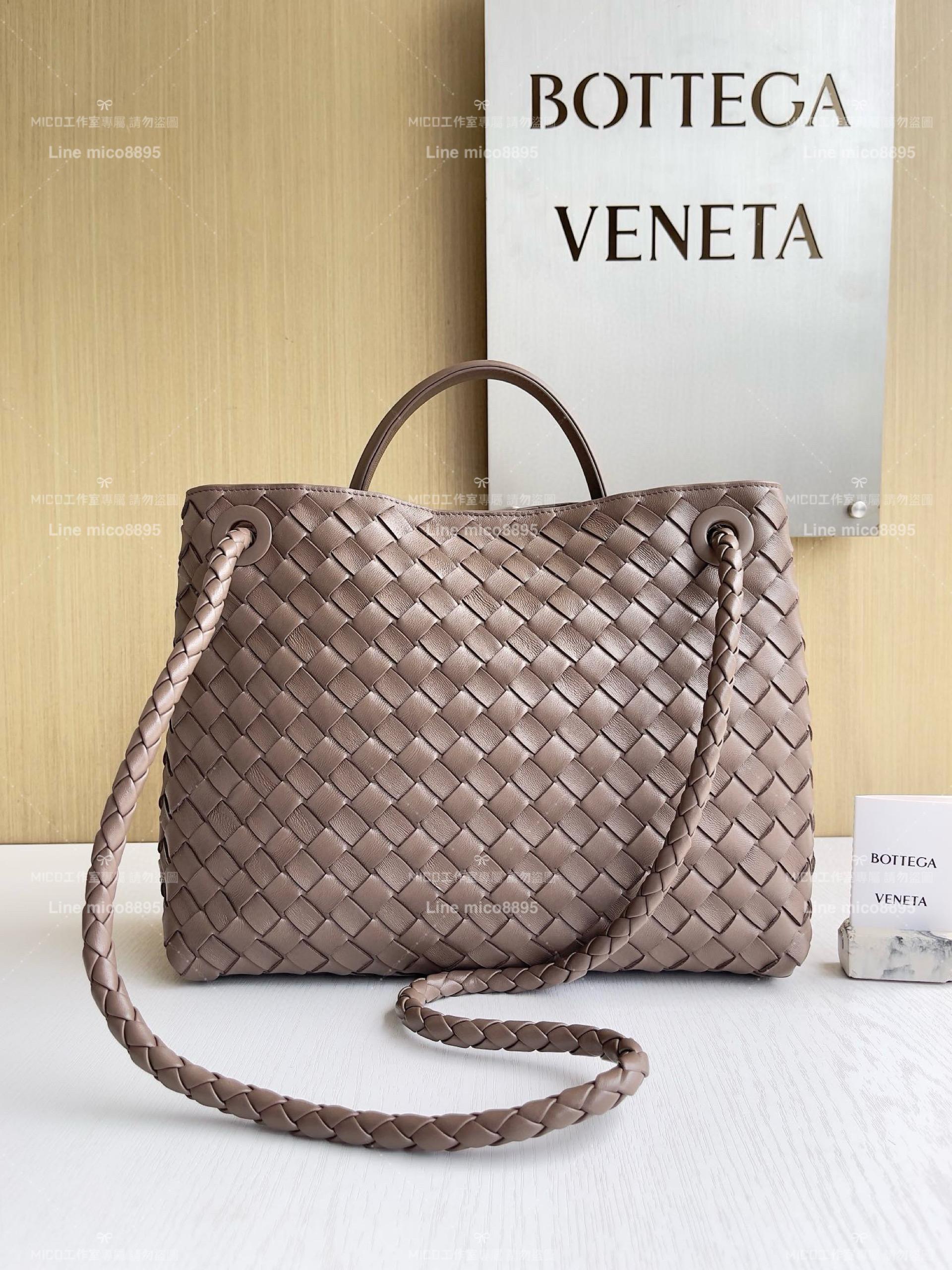 BOTTEGA VENETA BV 灰褐色編織小羊皮中號Andiamo手提包/肩背包 老錢風穿搭 32.5cm