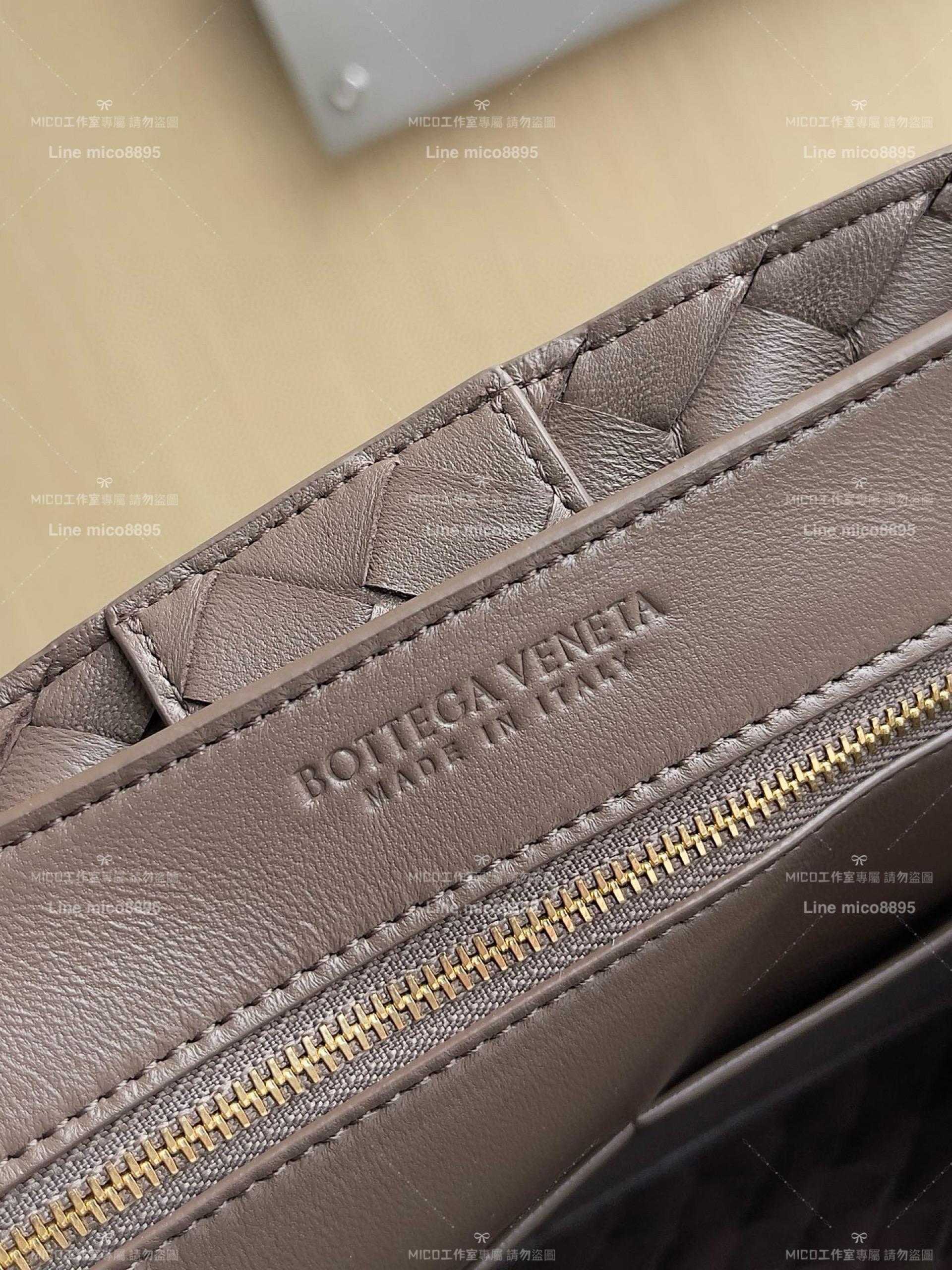 BOTTEGA VENETA BV 灰褐色編織小羊皮中號Andiamo手提包/肩背包 老錢風穿搭 32.5cm