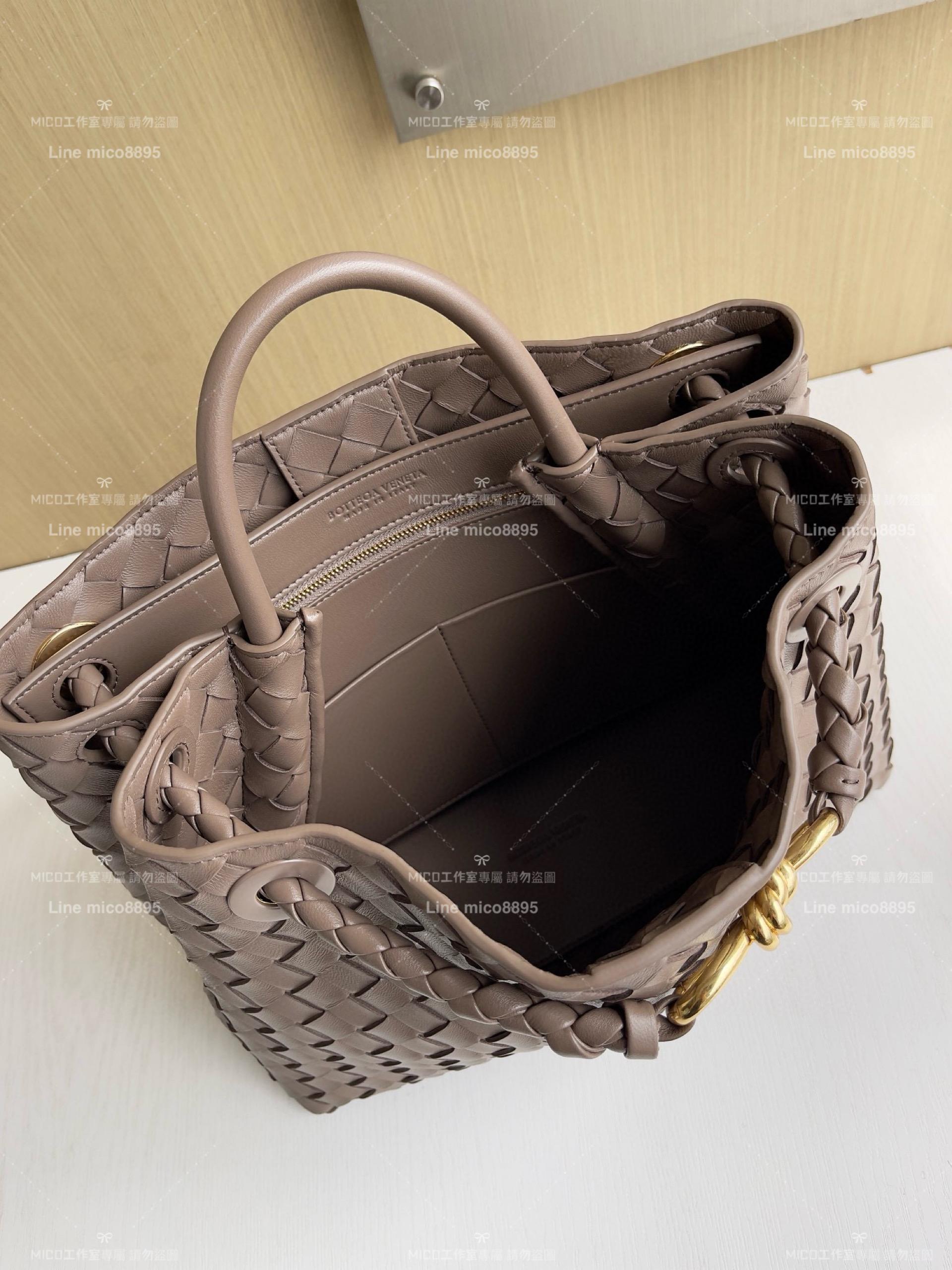 BOTTEGA VENETA BV 灰褐色編織小羊皮中號Andiamo手提包/肩背包 老錢風穿搭 32.5cm