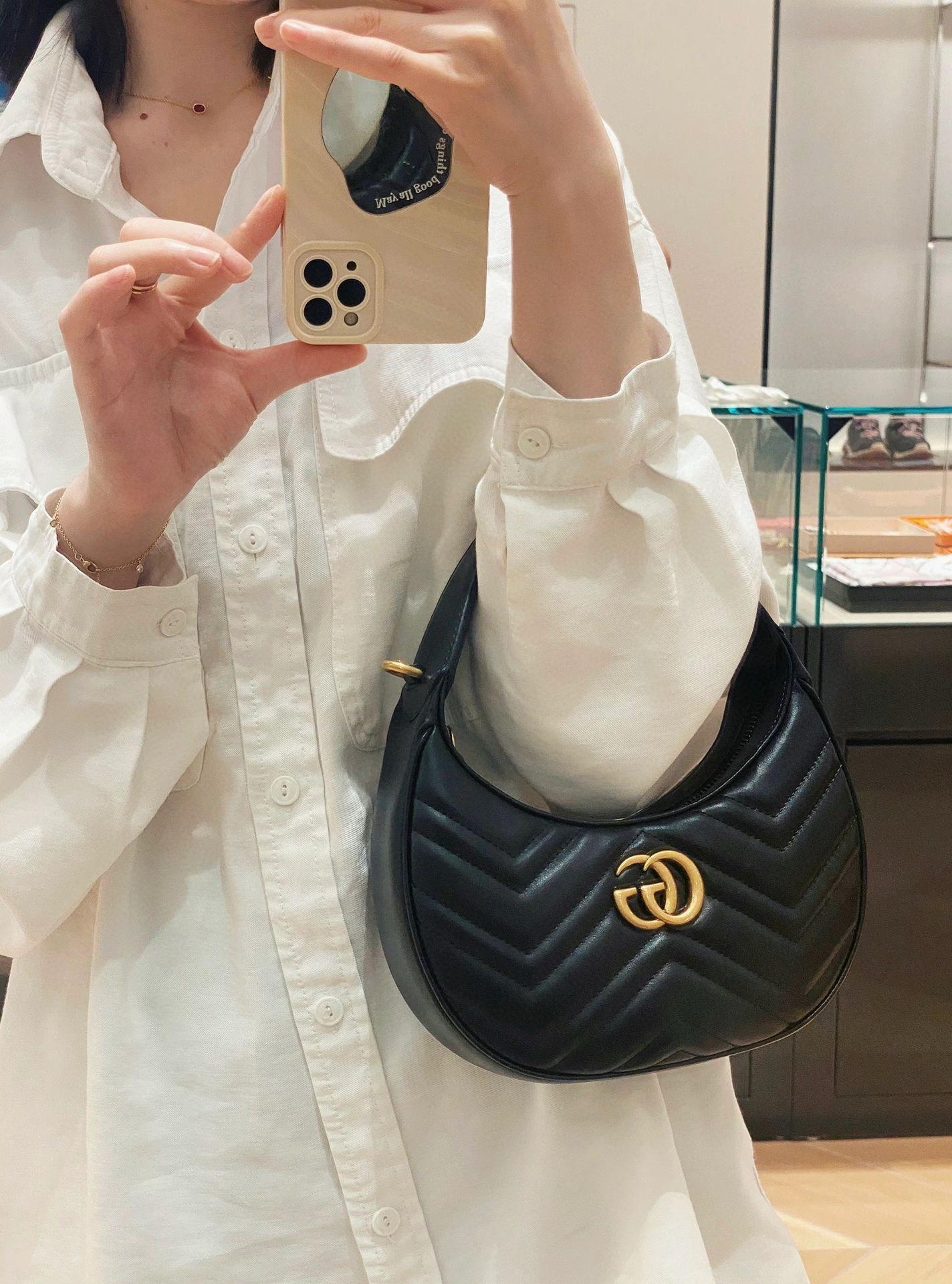 GUCCI 古馳 Marmont系列 黑色 半月造型手袋腋下包 彎月包 21cm