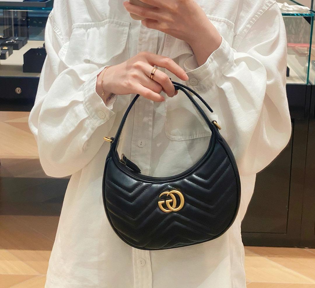 GUCCI 古馳 Marmont系列 黑色 半月造型手袋腋下包 彎月包 21cm