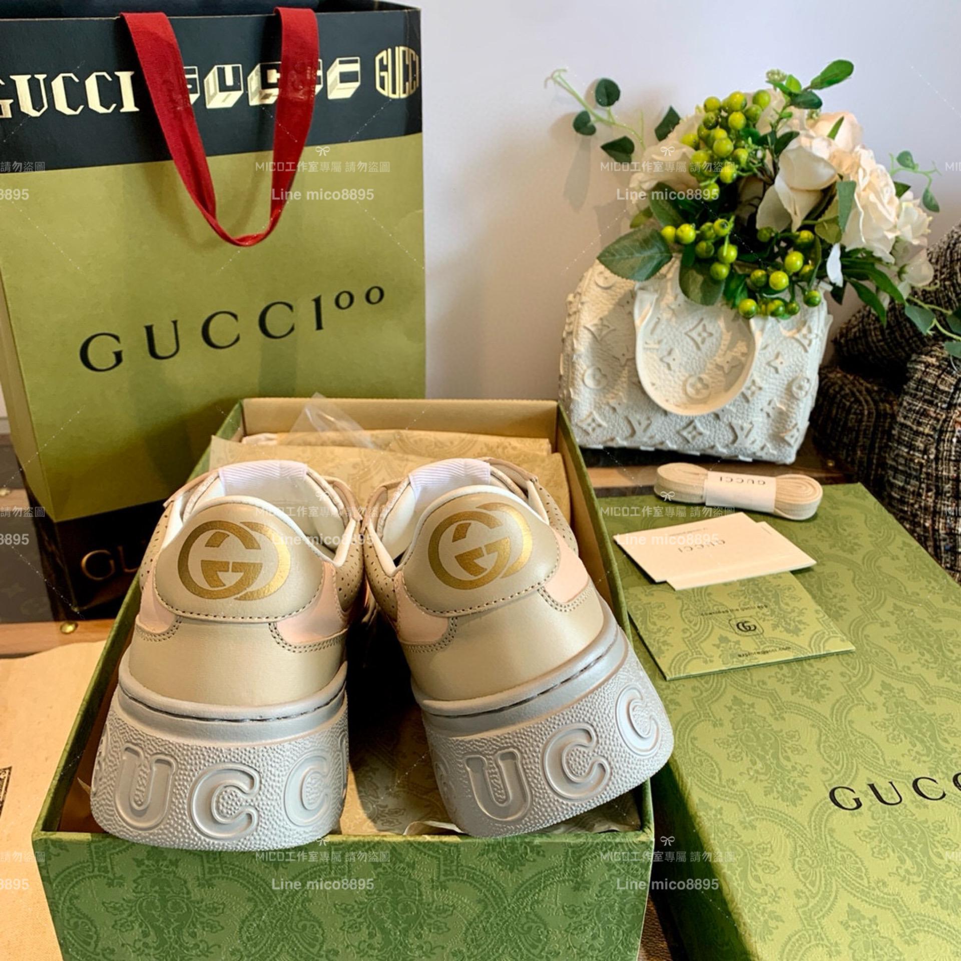 GUCCI 男女情侶款 GG 奶茶色拼老花帆布餅乾小白鞋 厚底鞋/餅乾鞋 男女碼35-44