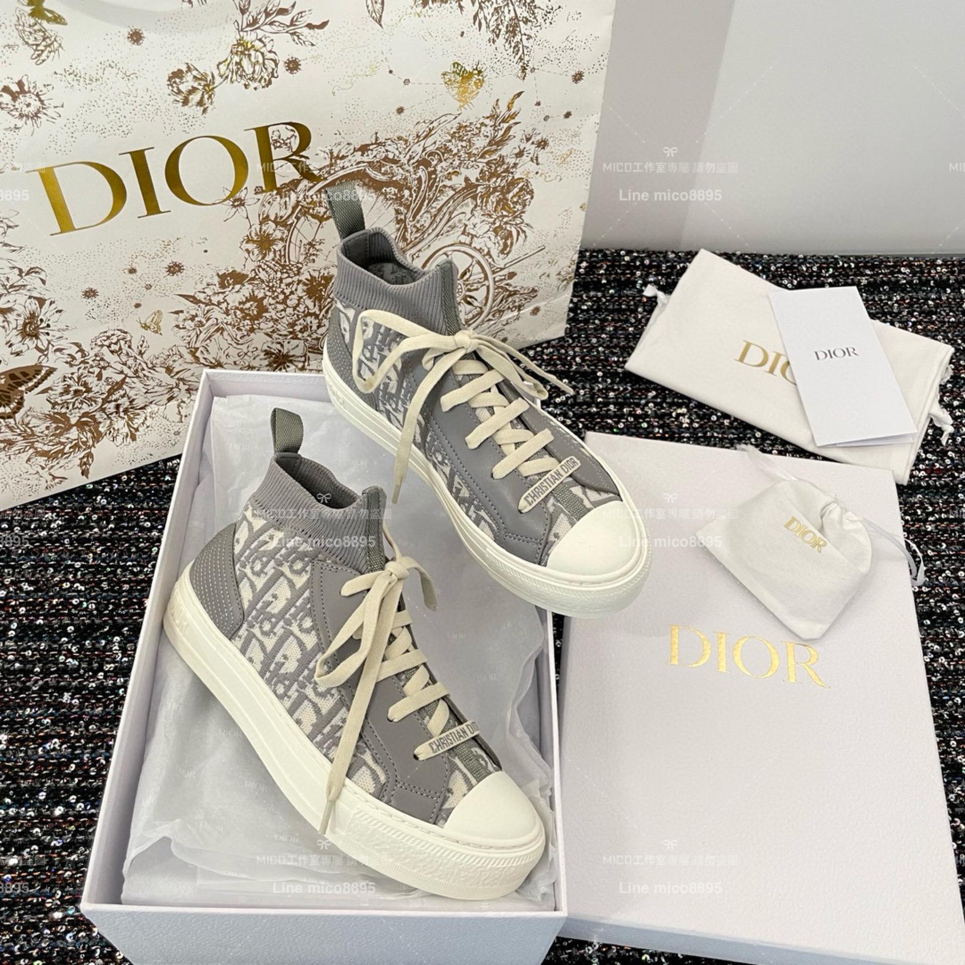 Dior 迪奧｜灰色針織面料 （非厚底款式）老花高幫帆布鞋/運動襪子鞋 科技面料材質 女碼35-40