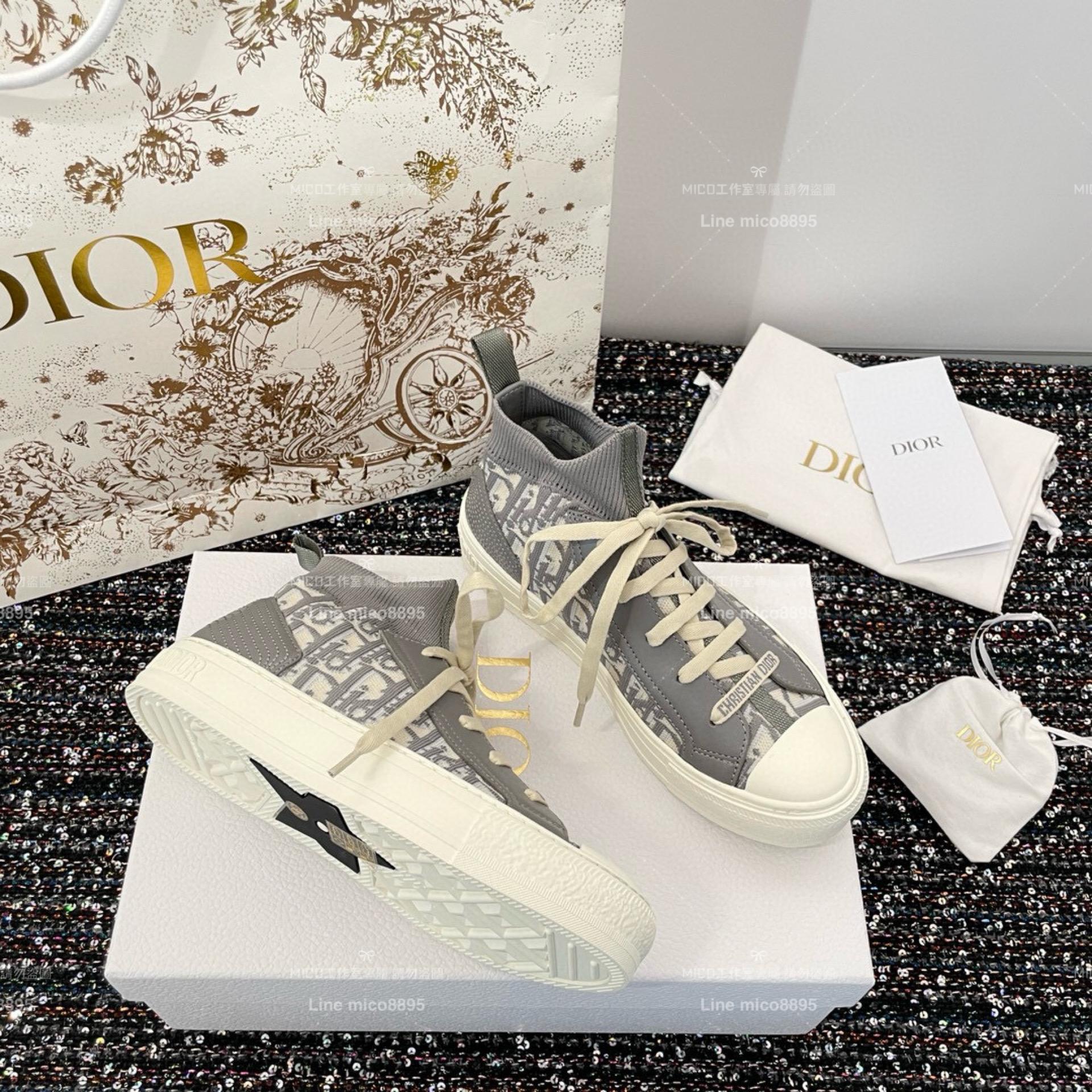 Dior 迪奧｜灰色針織面料 （非厚底款式）老花高幫帆布鞋/運動襪子鞋 科技面料材質 女碼35-40