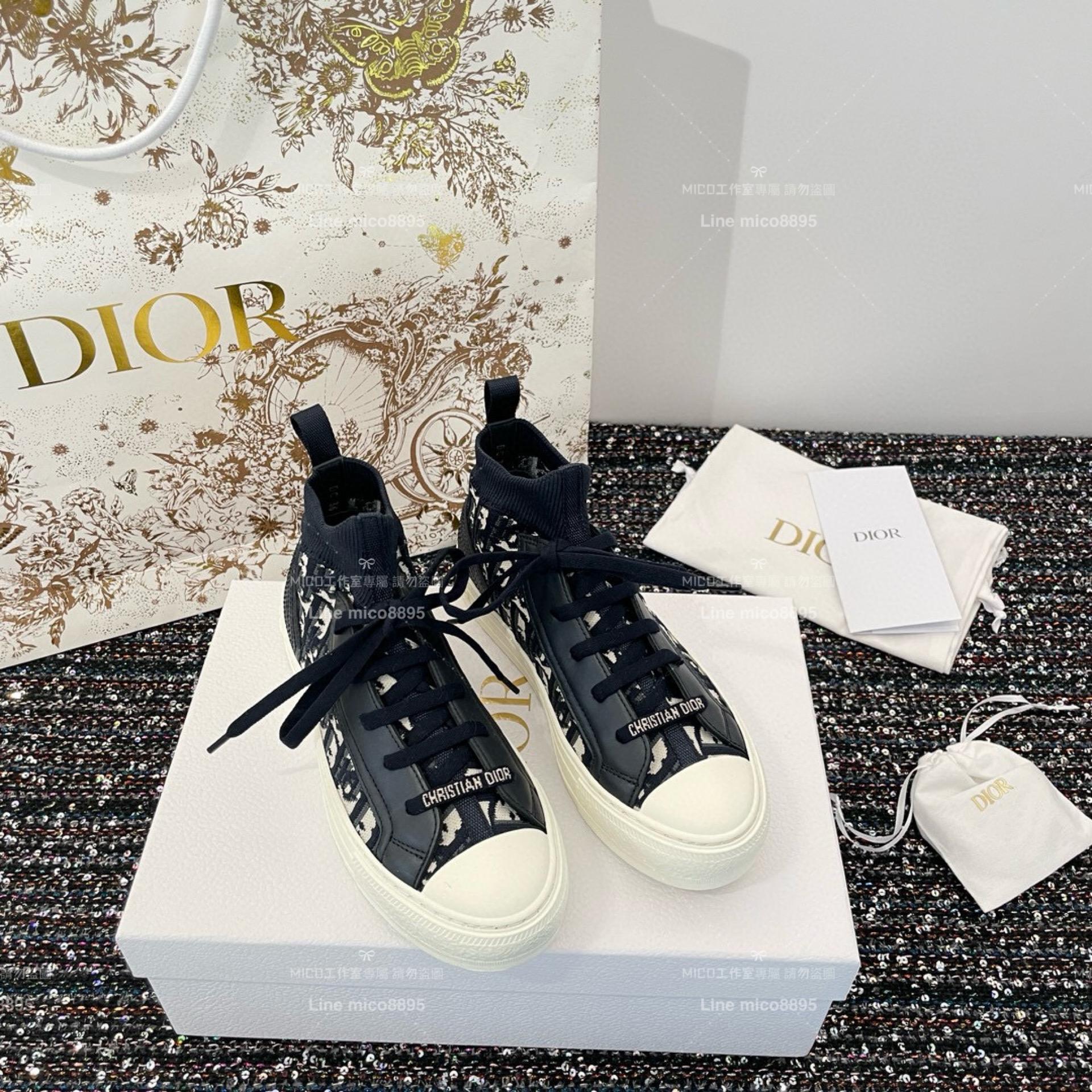 Dior 迪奧｜藍色針織面料 （非厚底款式）老花高幫帆布鞋/運動襪子鞋 科技面料材質 女碼35-40