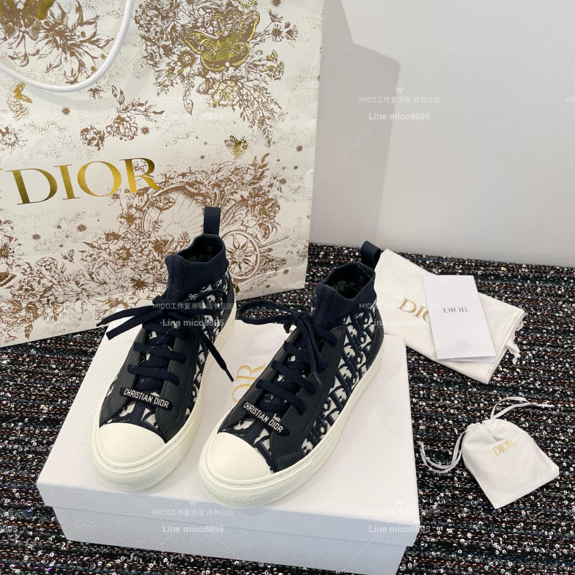 Dior 迪奧｜藍色針織面料 （非厚底款式）老花高幫帆布鞋/運動襪子鞋 科技面料材質 女碼35-40