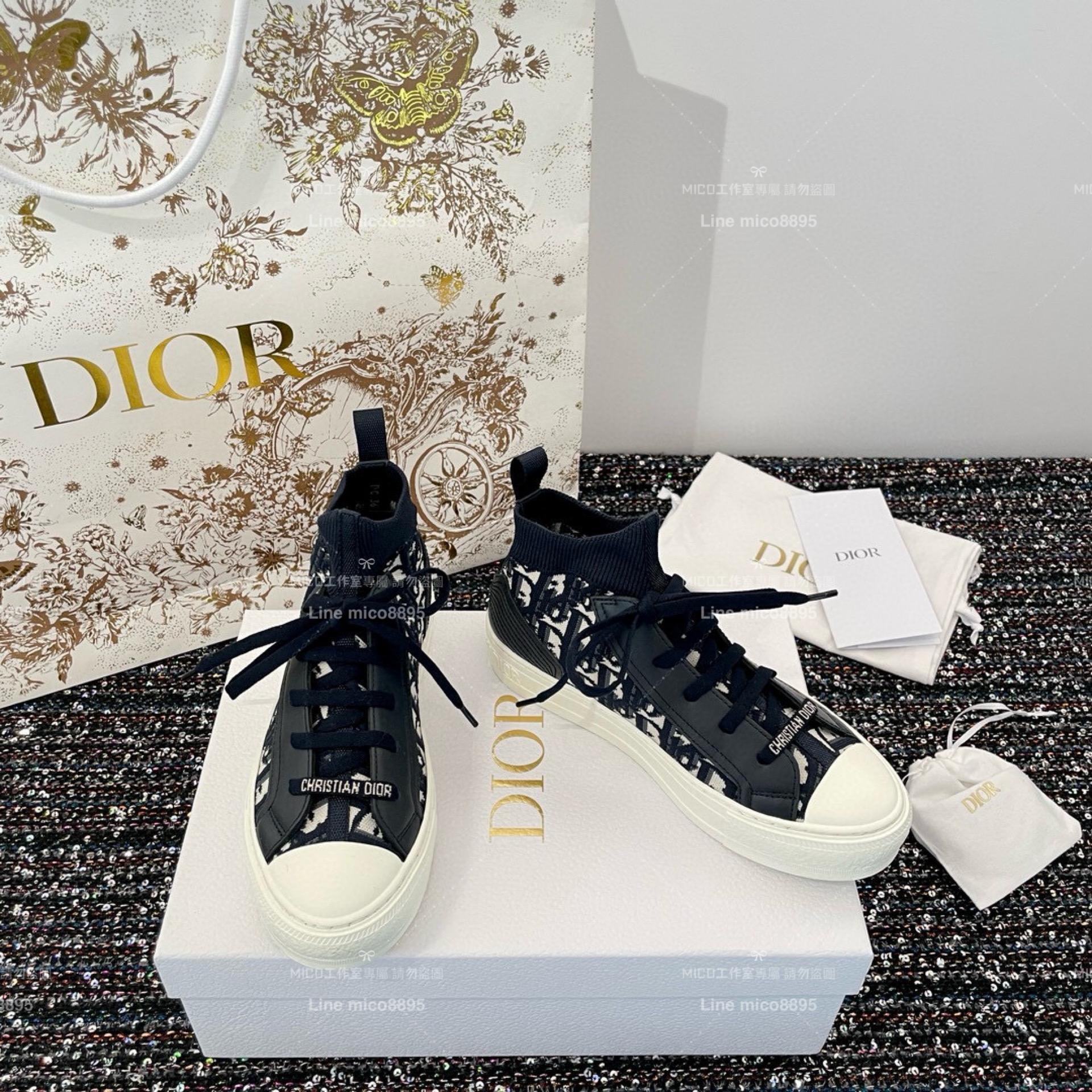 Dior 迪奧｜藍色針織面料 （非厚底款式）老花高幫帆布鞋/運動襪子鞋 科技面料材質 女碼35-40