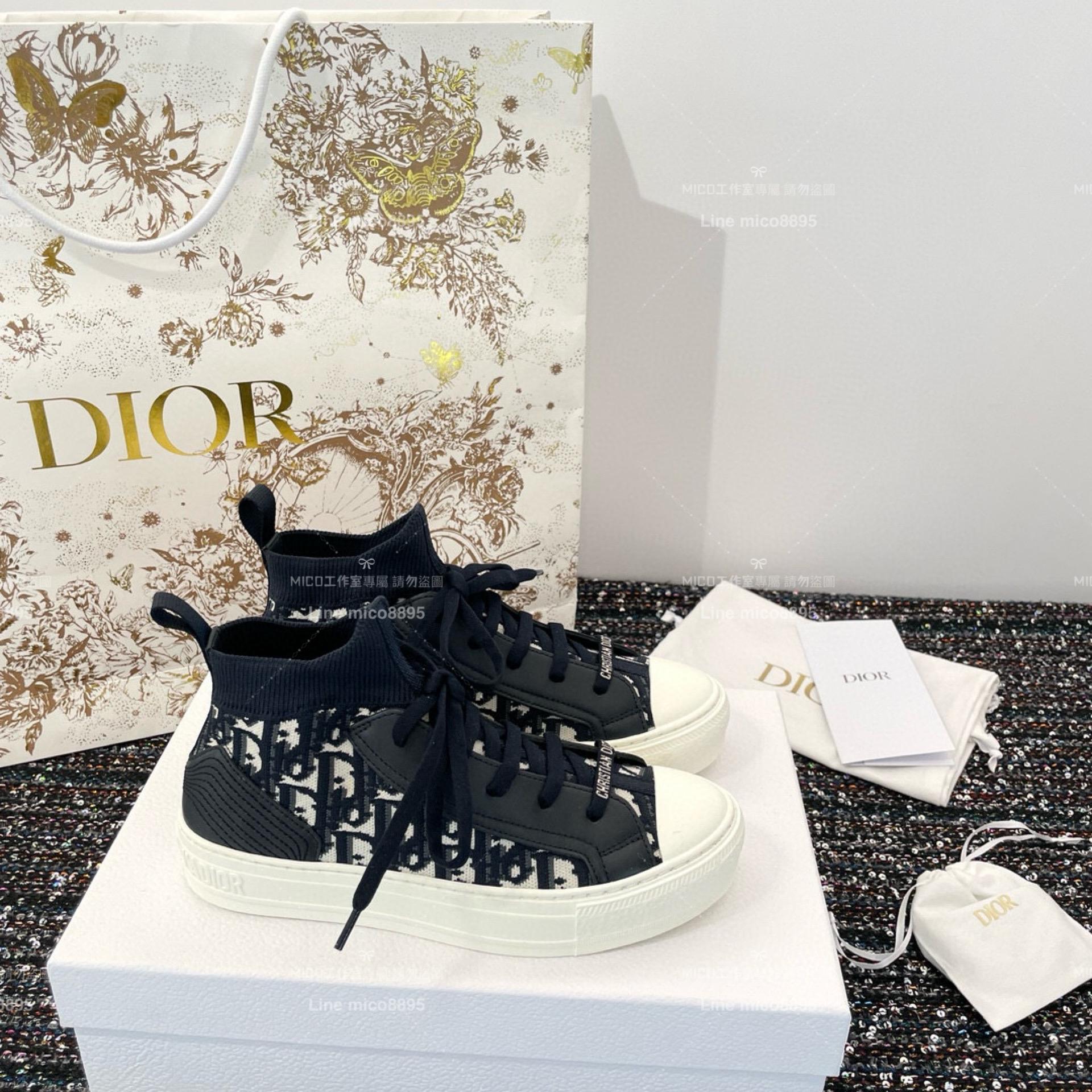 Dior 迪奧｜藍色針織面料 （非厚底款式）老花高幫帆布鞋/運動襪子鞋 科技面料材質 女碼35-40