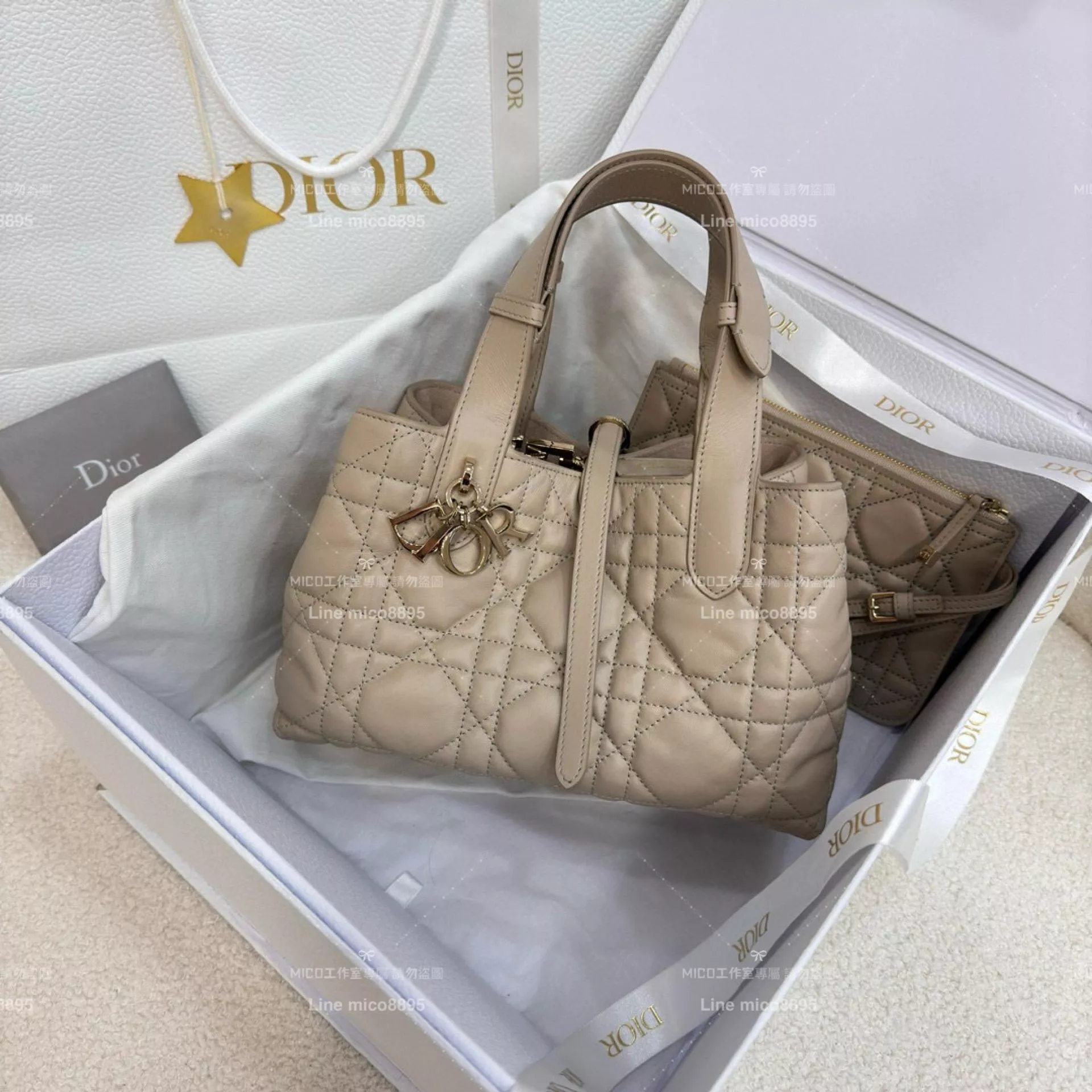 DIOR 迪奧｜▫️高訂版 全鋼五金 杏色 小牛皮藤格紋Toujours 手提包/肩背包 小號 23cm