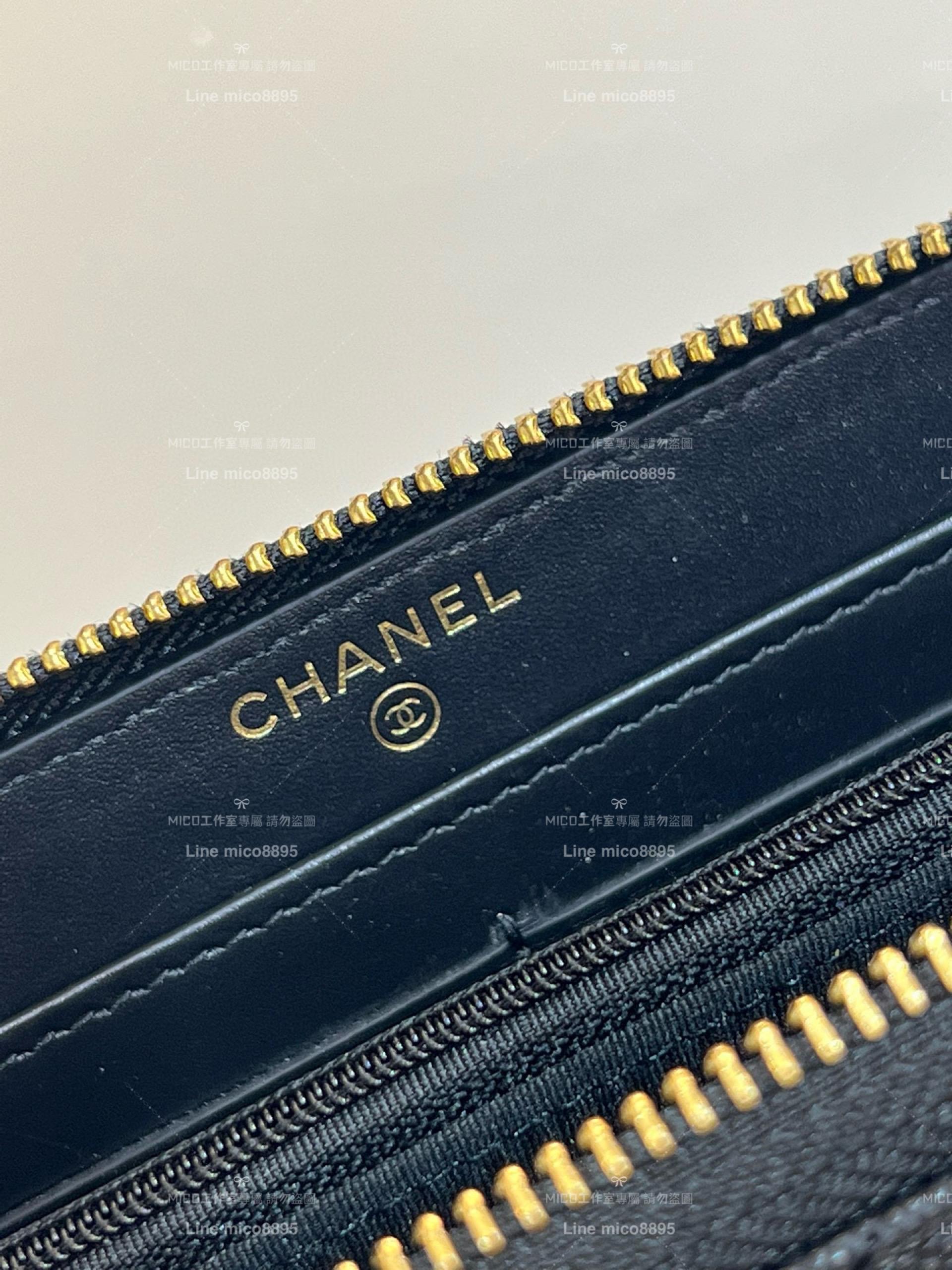 CHANEL 香奈兒｜23A 鑽釦系列 拉鍊款長夾 黑色魚子醬皮革 牛皮長夾/錢包 真皮 19cm