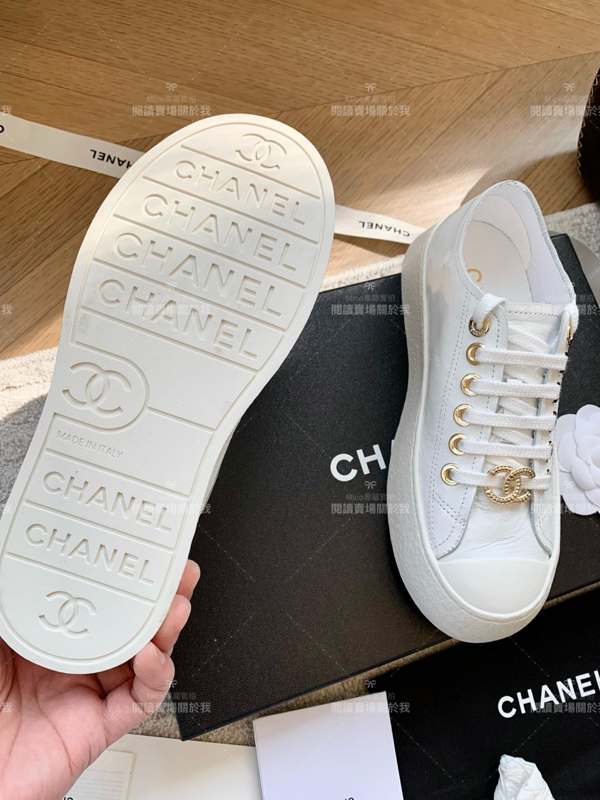 CHANEL香奈兒｜24p 白色摔紋牛皮 休閒帆布大頭鞋 帆布鞋 35-39